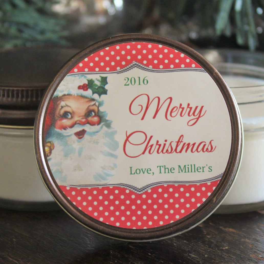 Vintage Santa Favor / Personalized 4 oz. Candle Favors / Christmas Candle Favor//Vintage Christmas / Christmas Candle / Christmas Card