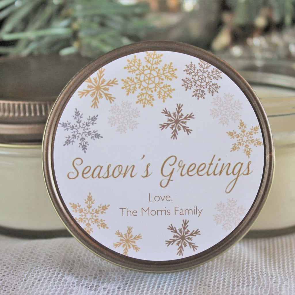 Personalized 4 oz. Holiday Favor Candle//Gold Christmas Candle Gift//Personalized Holiday Gift//Christmas Party Favor//Snowflake Favor