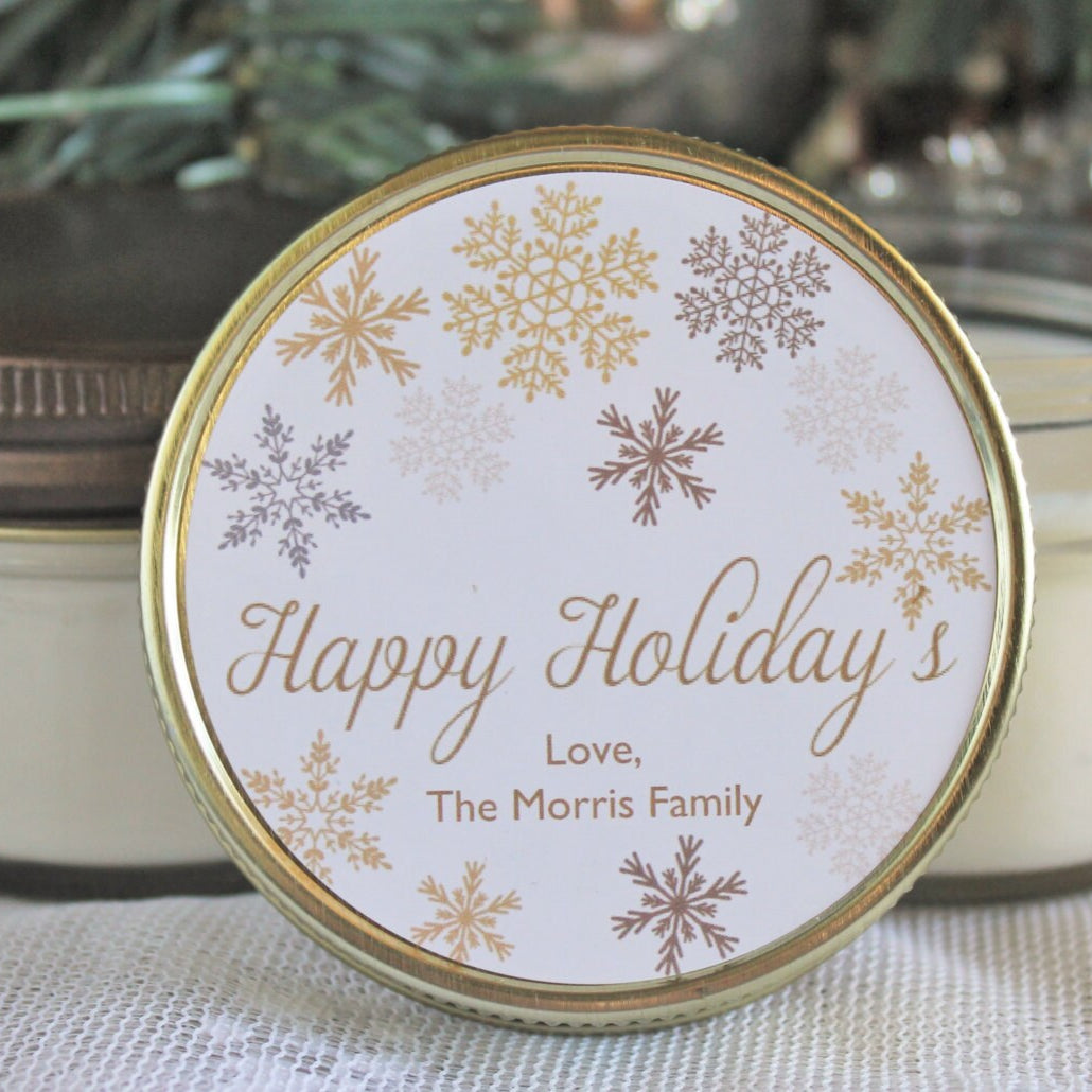 Personalized 4 oz. Holiday Favor Candle//Gold Christmas Candle Gift//Personalized Holiday Gift//Christmas Party Favor//Snowflake Favor