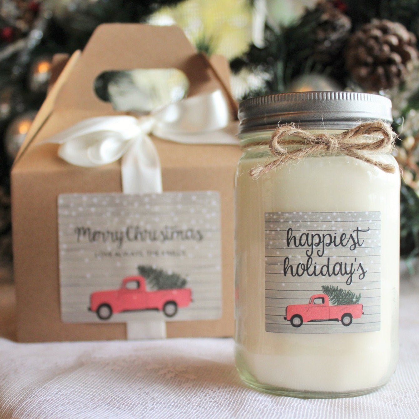 Christmas Candle / Holiday Candle / Red Truck Christmas / Personalized Holiday Candle / Rustic Christmas Gift / Soy Candle / Candle Gift