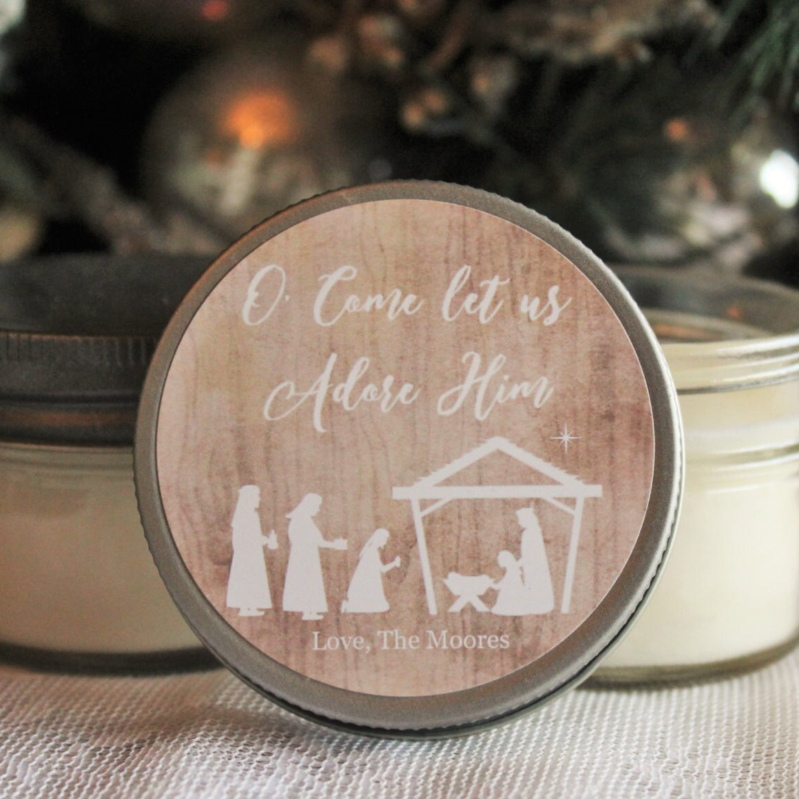 Nativity / Holiday Candle Favor / O Come Let us Adore Him / Personalized 4 oz. Soy Candle Favors / Christmas Card / Christmas Favor
