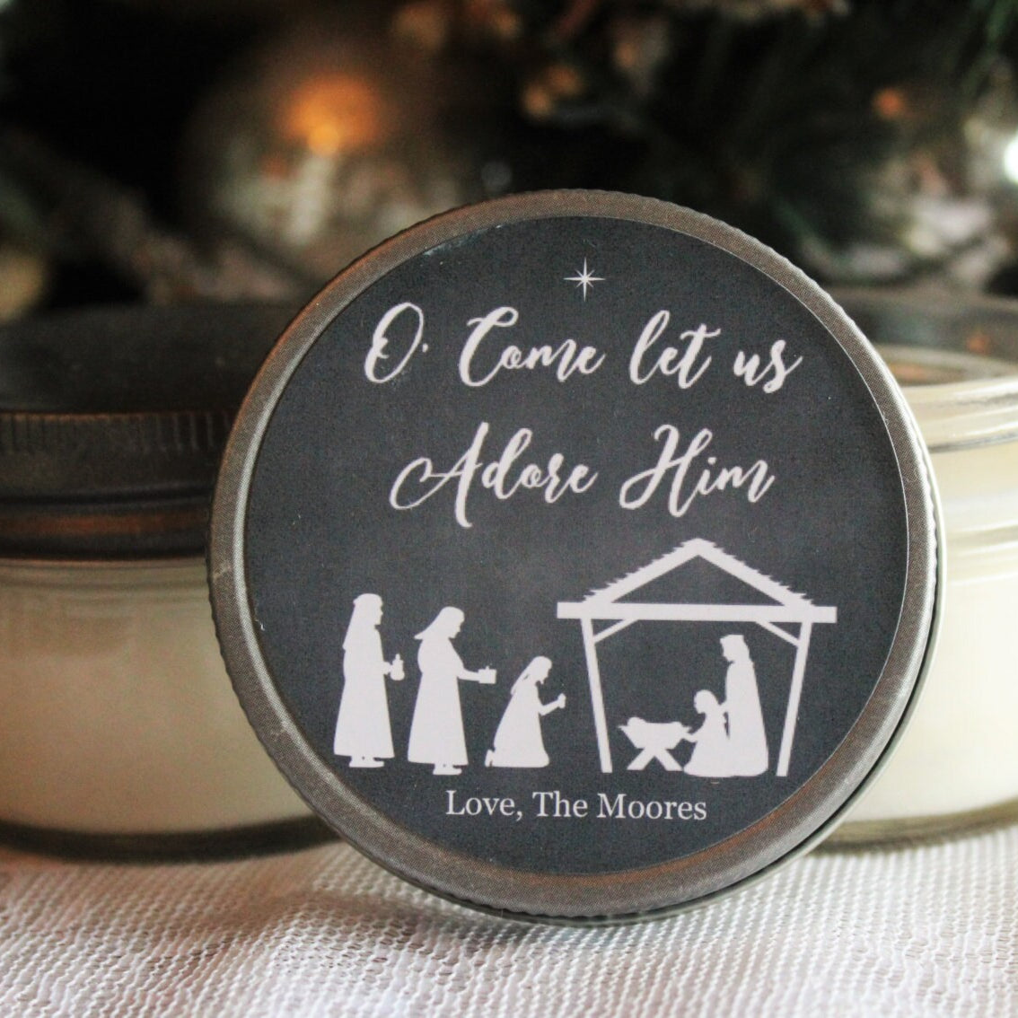 Nativity / Holiday Candle Favor / O Come Let us Adore Him / Personalized 4 oz. Soy Candle Favors / Christmas Card / Christmas Favor