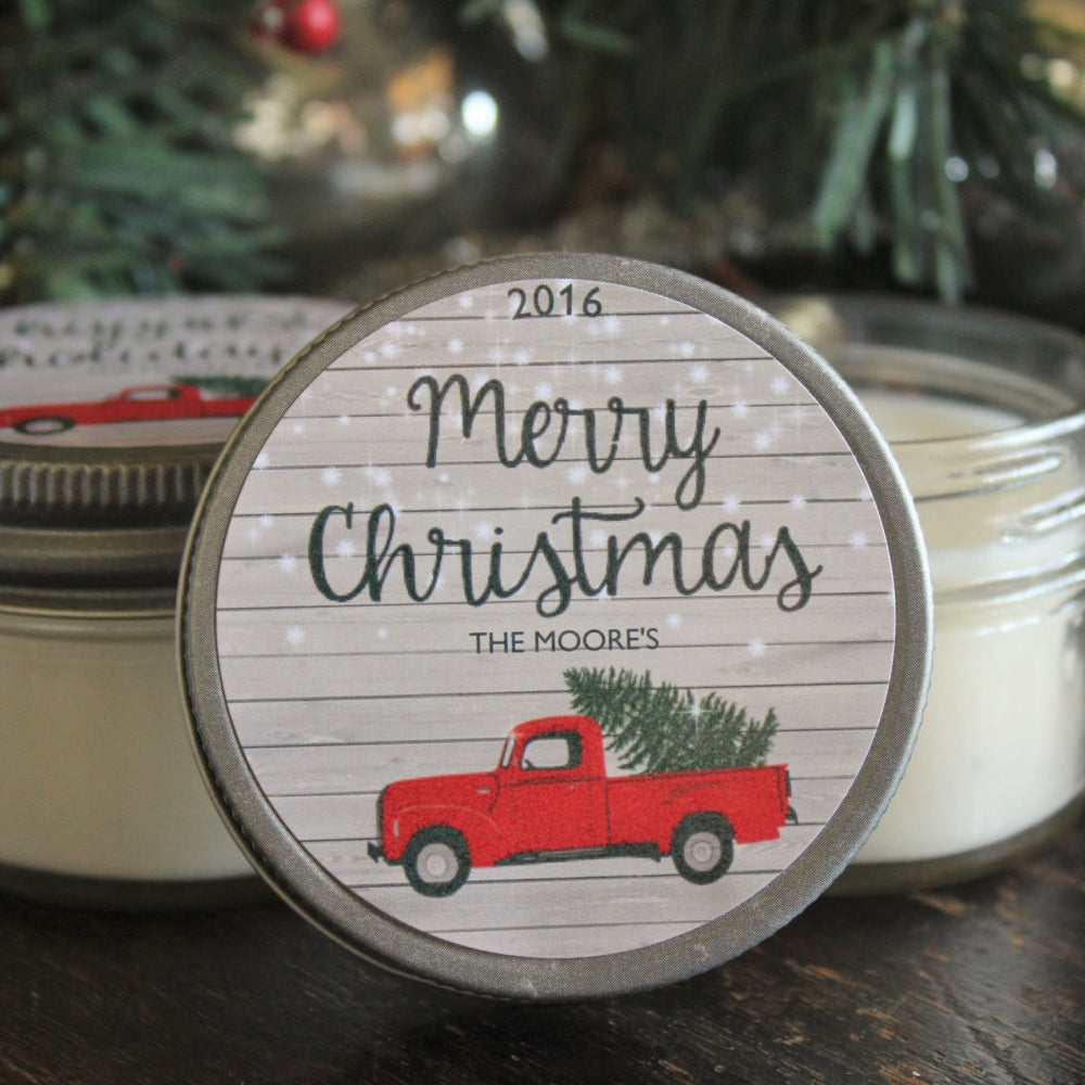 Personalized 4 oz. Red Truck Christmas Candle / Christmas Candle Favor / Rustic Christmas Gift / Christmas Party Favor / Holiday Favor