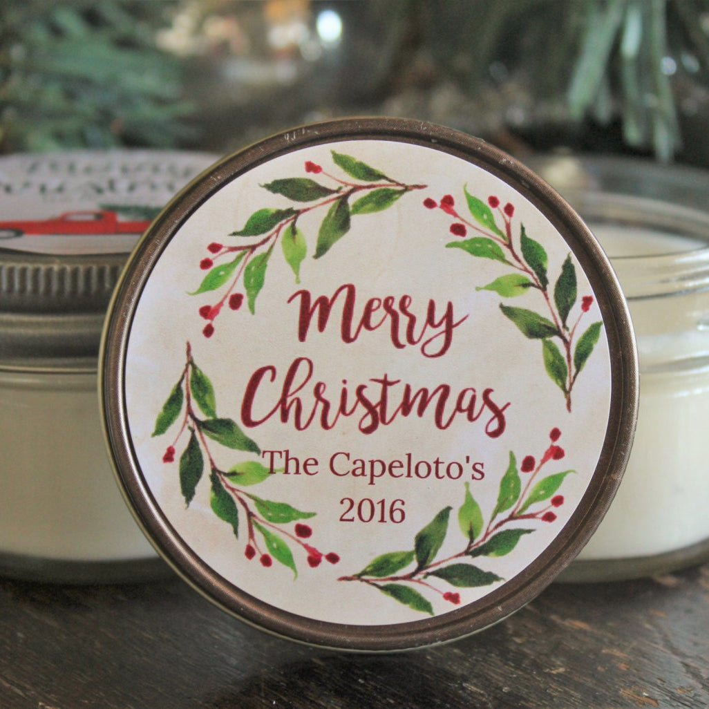 Personalized 4 oz. Holiday Favor Candle / Christmas Candle Favor / Rustic Christmas Gift / Christmas Party Favor / Berry Wreath Christmas