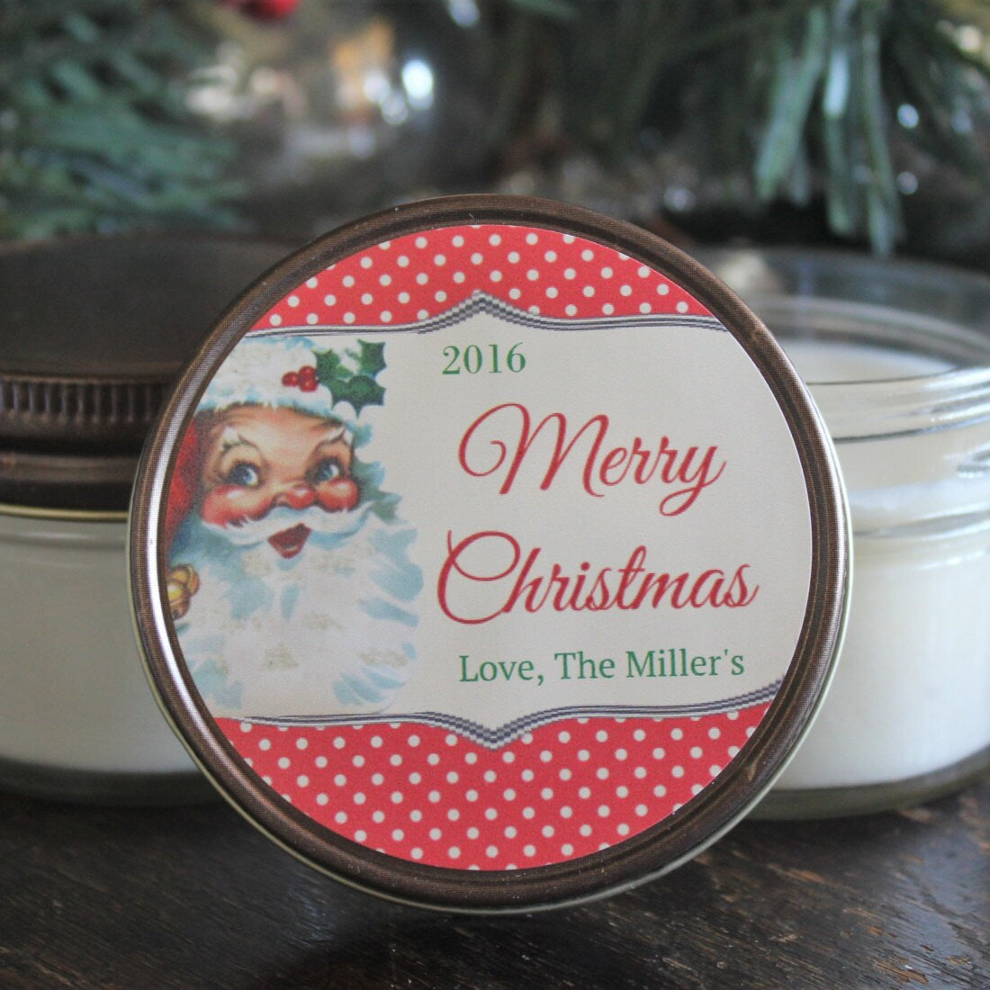 Vintage Santa Favor / Personalized 4 oz. Candle Favors / Christmas Candle Favor//Vintage Christmas / Christmas Candle / Christmas Card