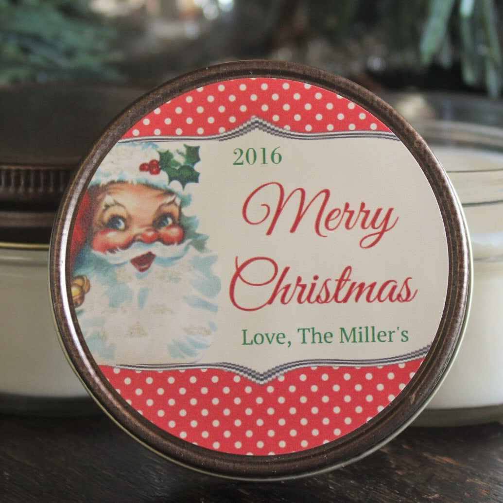Vintage Santa Favor / Personalized 4 oz. Candle Favors / Christmas Candle Favor//Vintage Christmas / Christmas Candle / Christmas Card