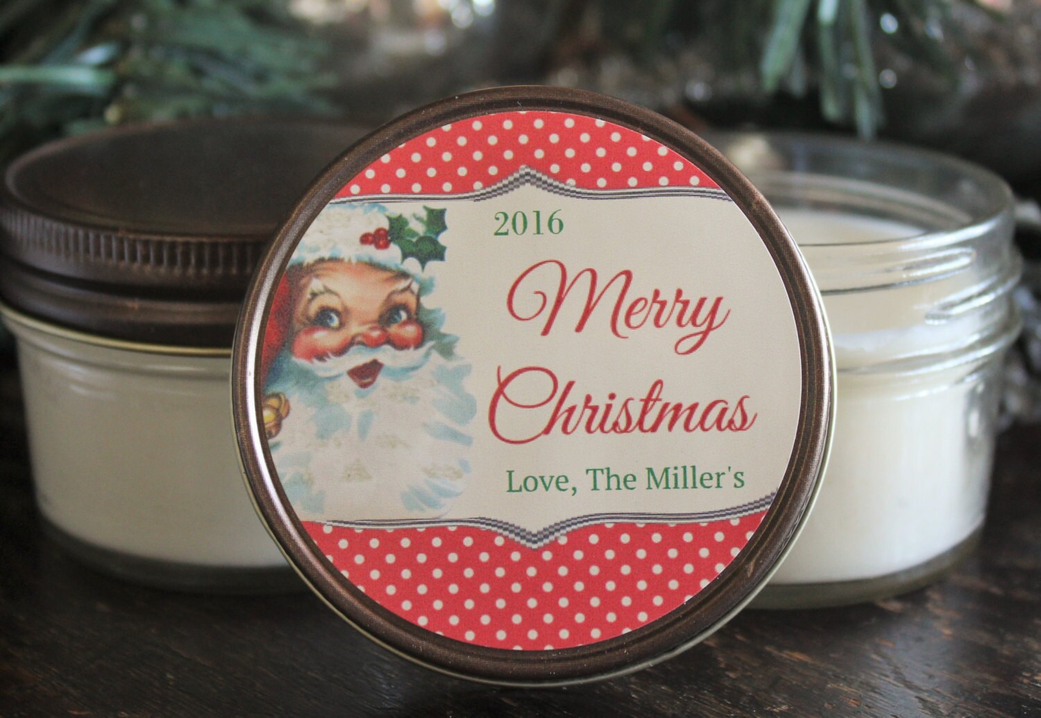 Vintage Santa Favor / Personalized 4 oz. Candle Favors / Christmas Candle Favor//Vintage Christmas / Christmas Candle / Christmas Card