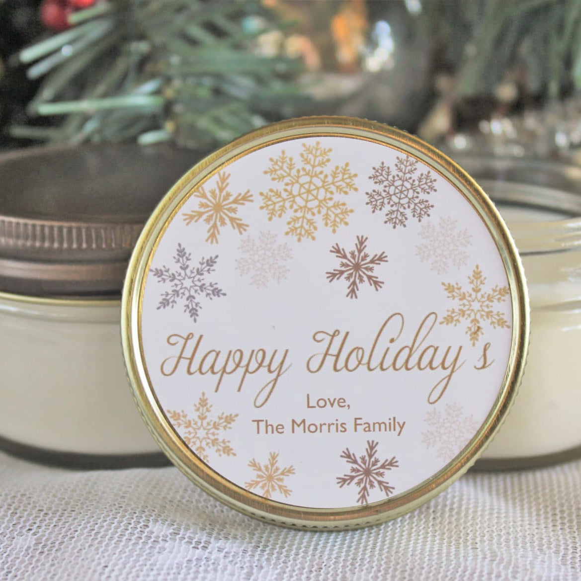 Personalized 4 oz. Holiday Favor Candle//Gold Christmas Candle Gift//Personalized Holiday Gift//Christmas Party Favor//Snowflake Favor