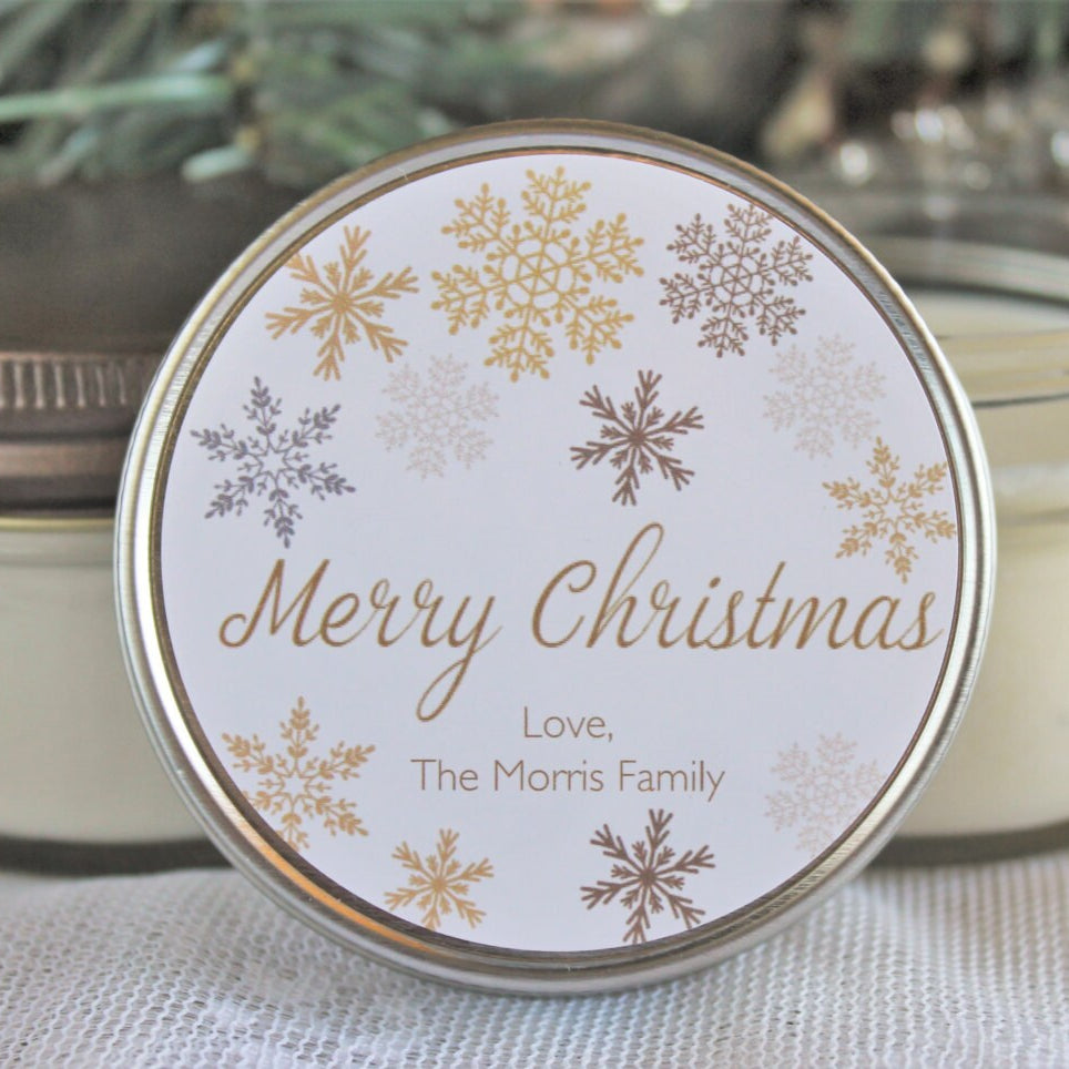Personalized 4 oz. Holiday Favor Candle//Gold Christmas Candle Gift//Personalized Holiday Gift//Christmas Party Favor//Snowflake Favor