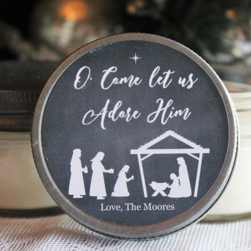 Nativity / Holiday Candle Favor / O Come Let us Adore Him / Personalized 4 oz. Soy Candle Favors / Christmas Card / Christmas Favor