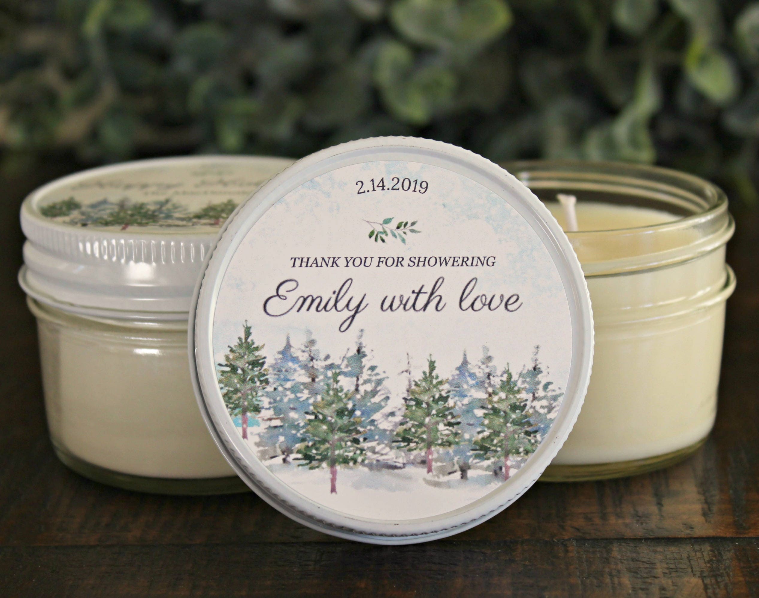 Winter Wedding Favor / Snowy Tree / Personalized 4 oz candle favors / Winter Wedding Candle / Forest Wedding / Outdoorsy Wedding