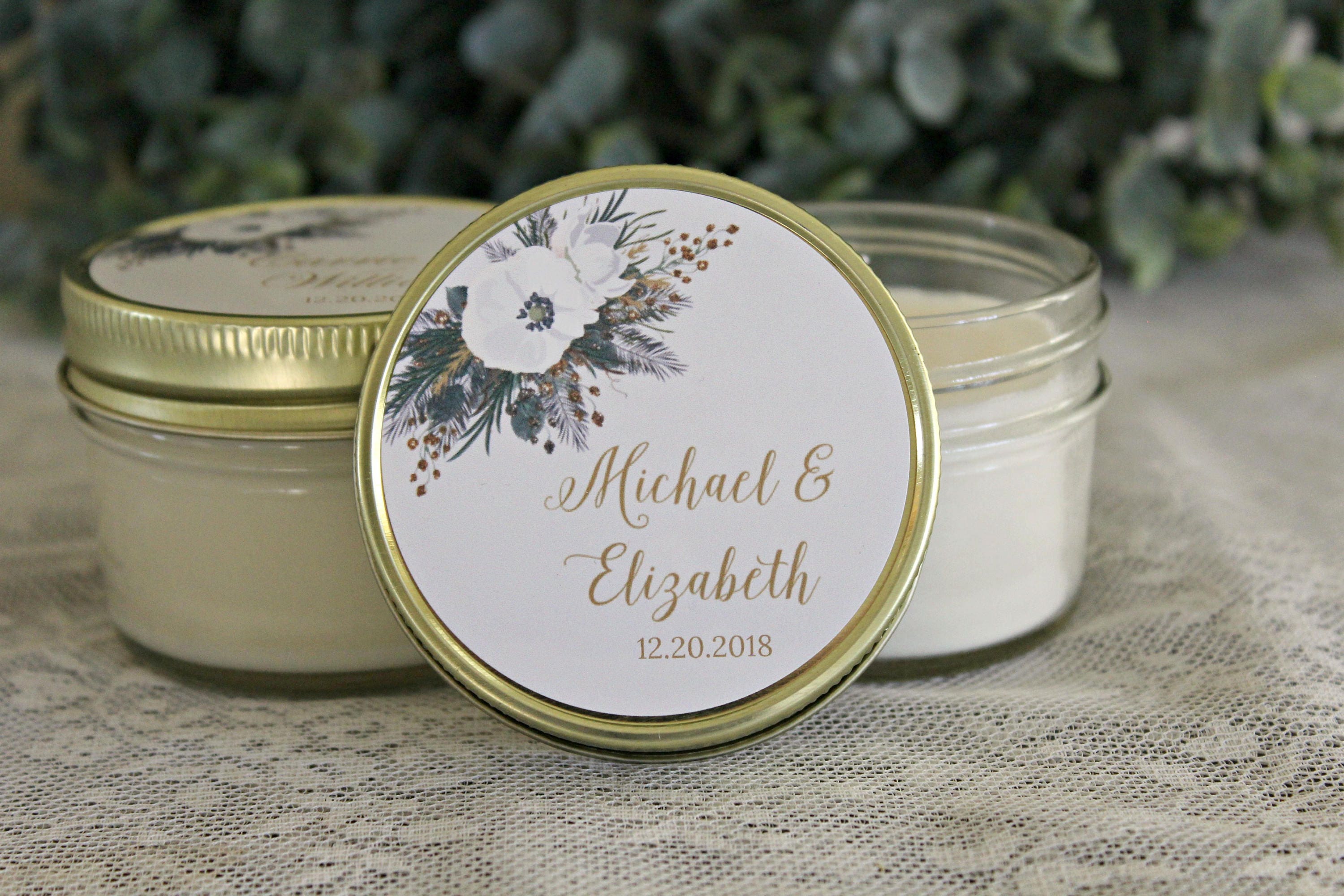 Winter Wedding Favor / Evergreen and white Floral Favor / White and Green Wedding/ Gold Wedding / Personalized 4 oz candle favors