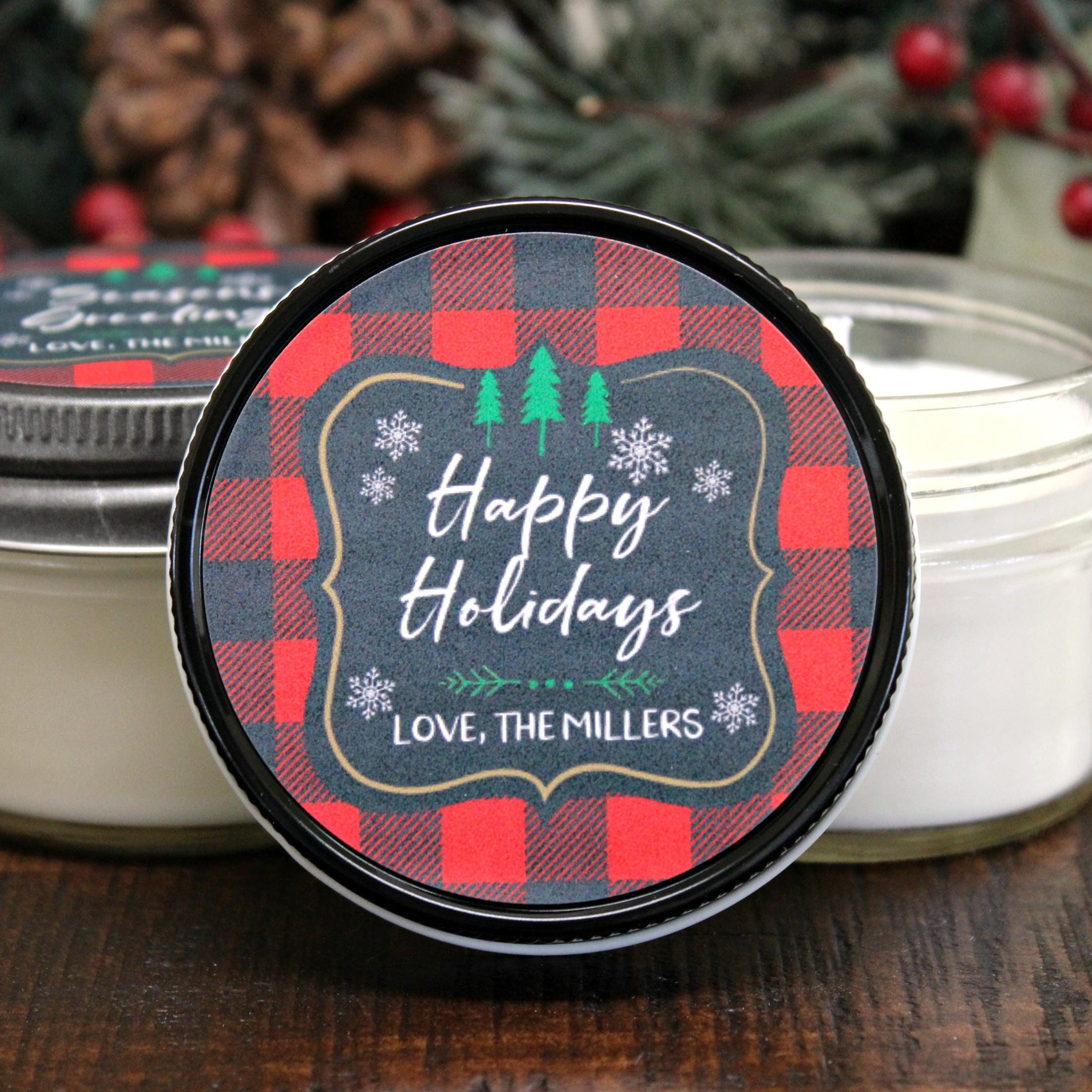 Buffalo Plaid Christmas Gift / Christmas Favor / Personalized 4 oz. Holiday Favor Candle / Rustic Christmas Candle / Christmas Party Favor