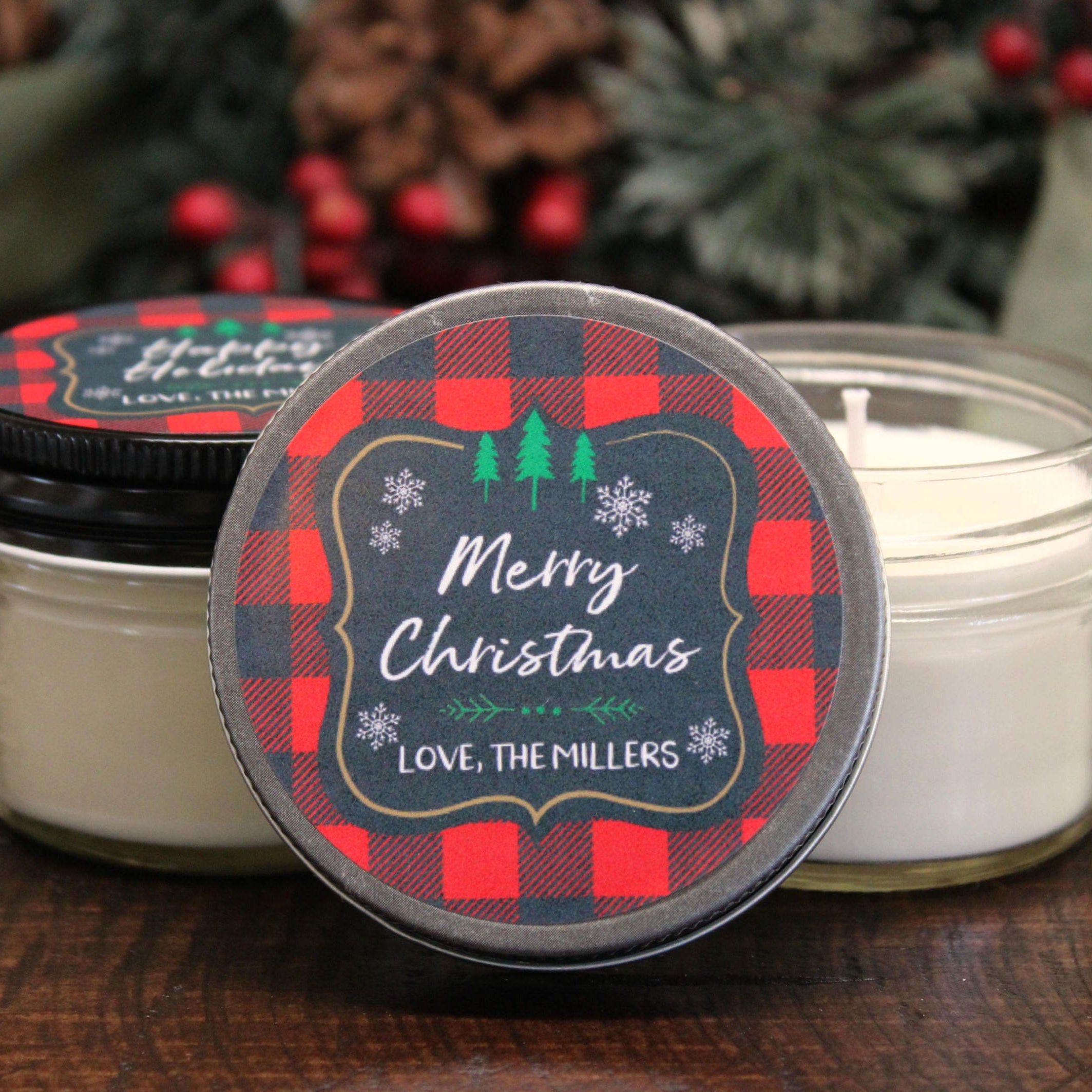Buffalo Plaid Christmas Gift / Christmas Favor / Personalized 4 oz. Holiday Favor Candle / Rustic Christmas Candle / Christmas Party Favor