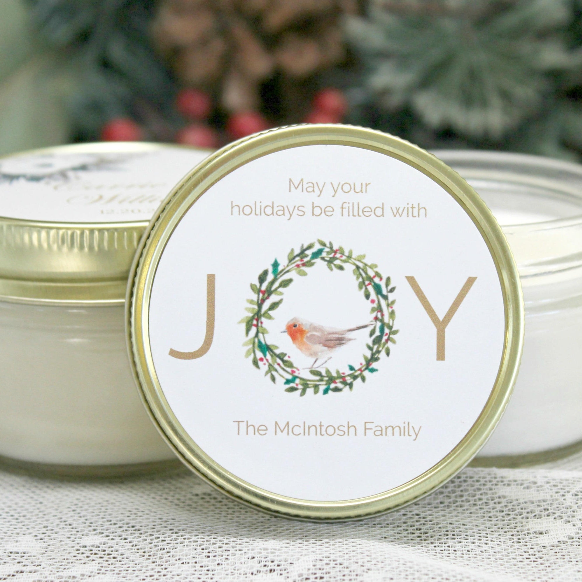 Personalized 4 oz. Holiday Favor Candles / Christmas Gift / Bulk Christmas Gift / Joy Christmas Gift / Christmas Party Favor