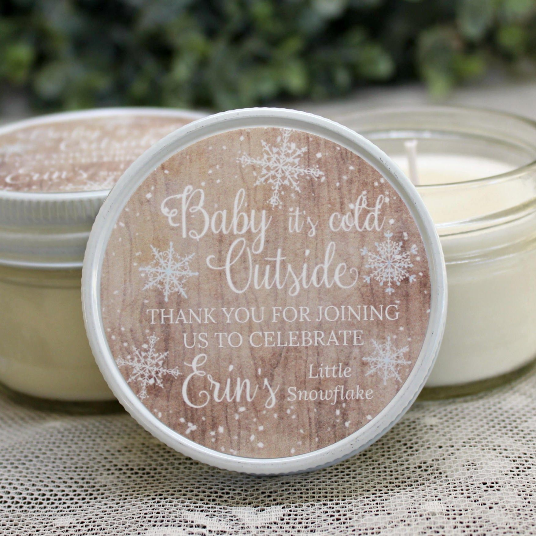 Baby it's cold outside / Snowflake Favor / Winter Baby Shower / 4 oz Personalized Soy Candle Favor / Girl Baby Shower / Boy Baby Shower