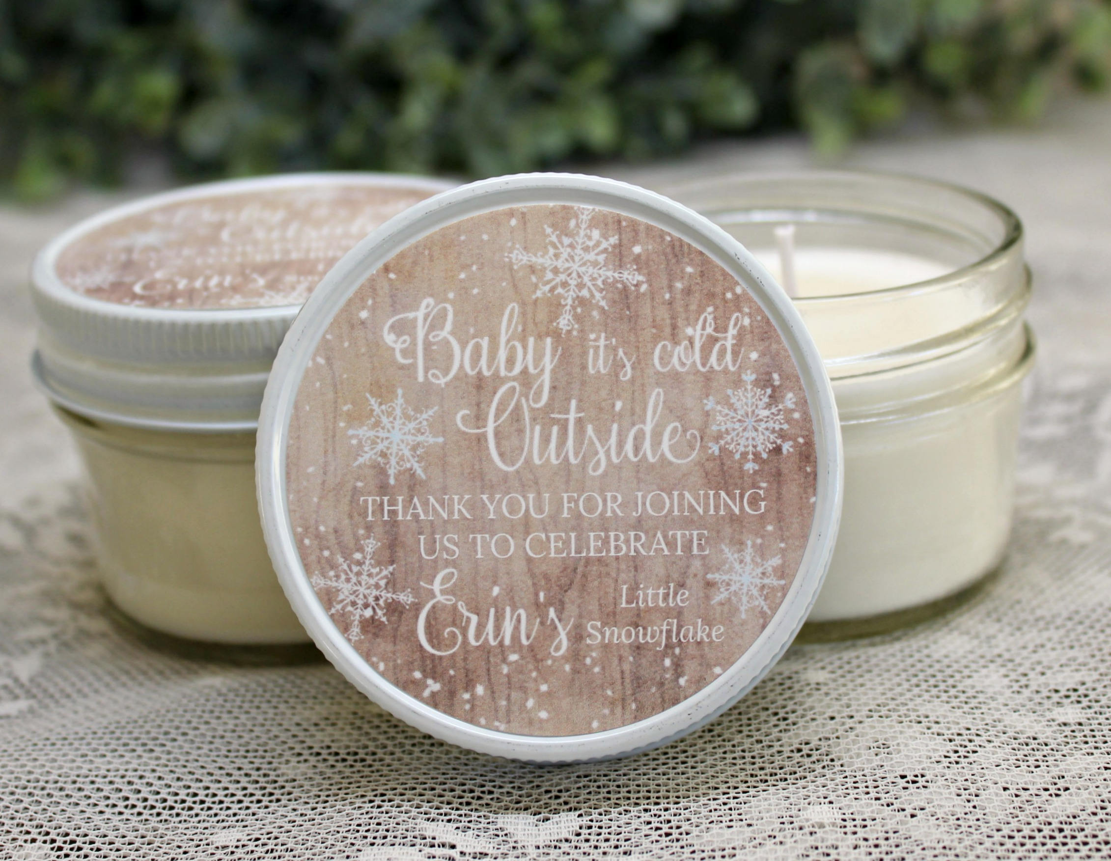 Baby it's cold outside / Snowflake Favor / Winter Baby Shower / 4 oz Personalized Soy Candle Favor / Girl Baby Shower / Boy Baby Shower