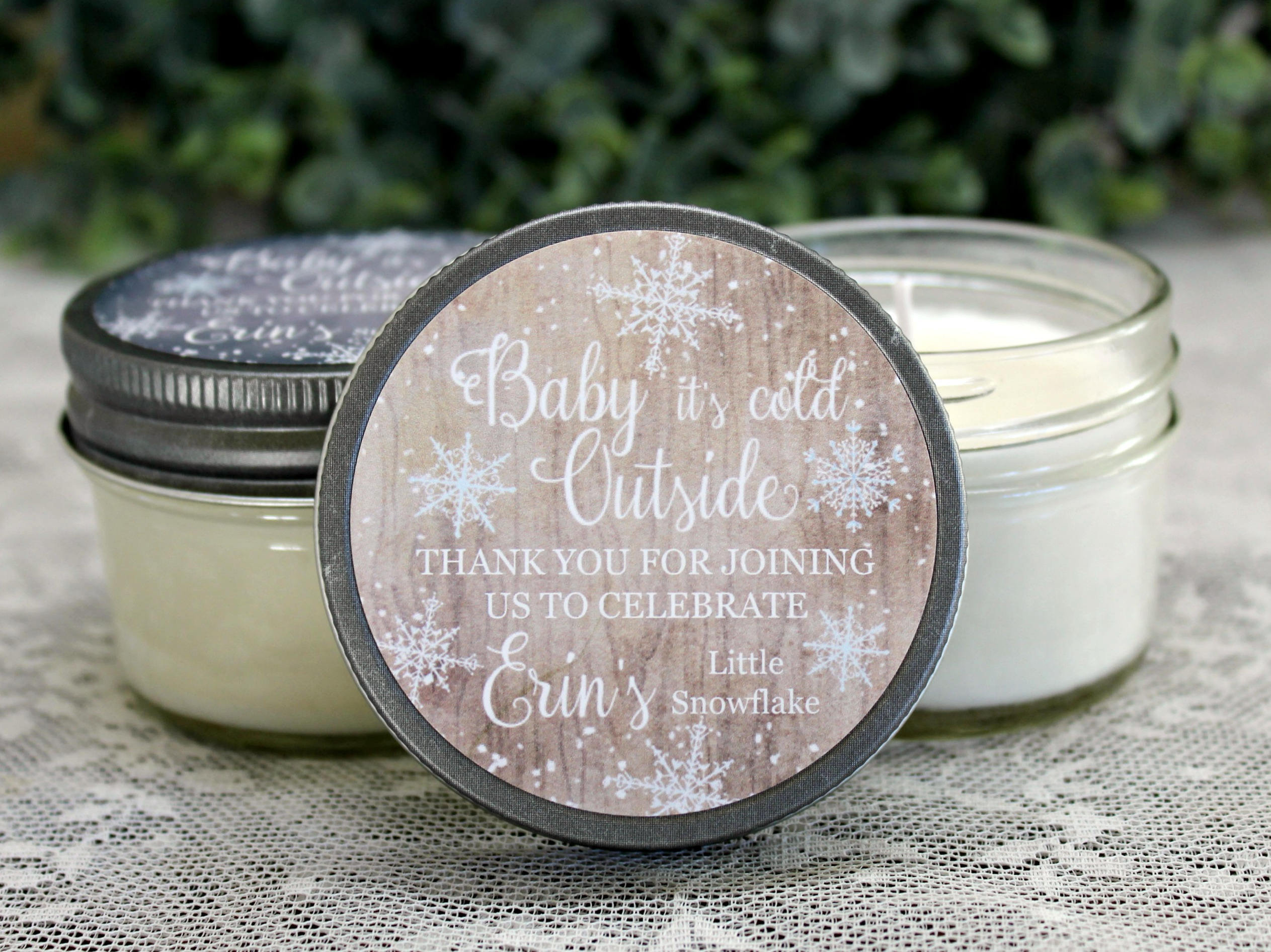 Baby it's cold outside / Snowflake Favor / Winter Baby Shower / 4 oz Personalized Soy Candle Favor / Girl Baby Shower / Boy Baby Shower