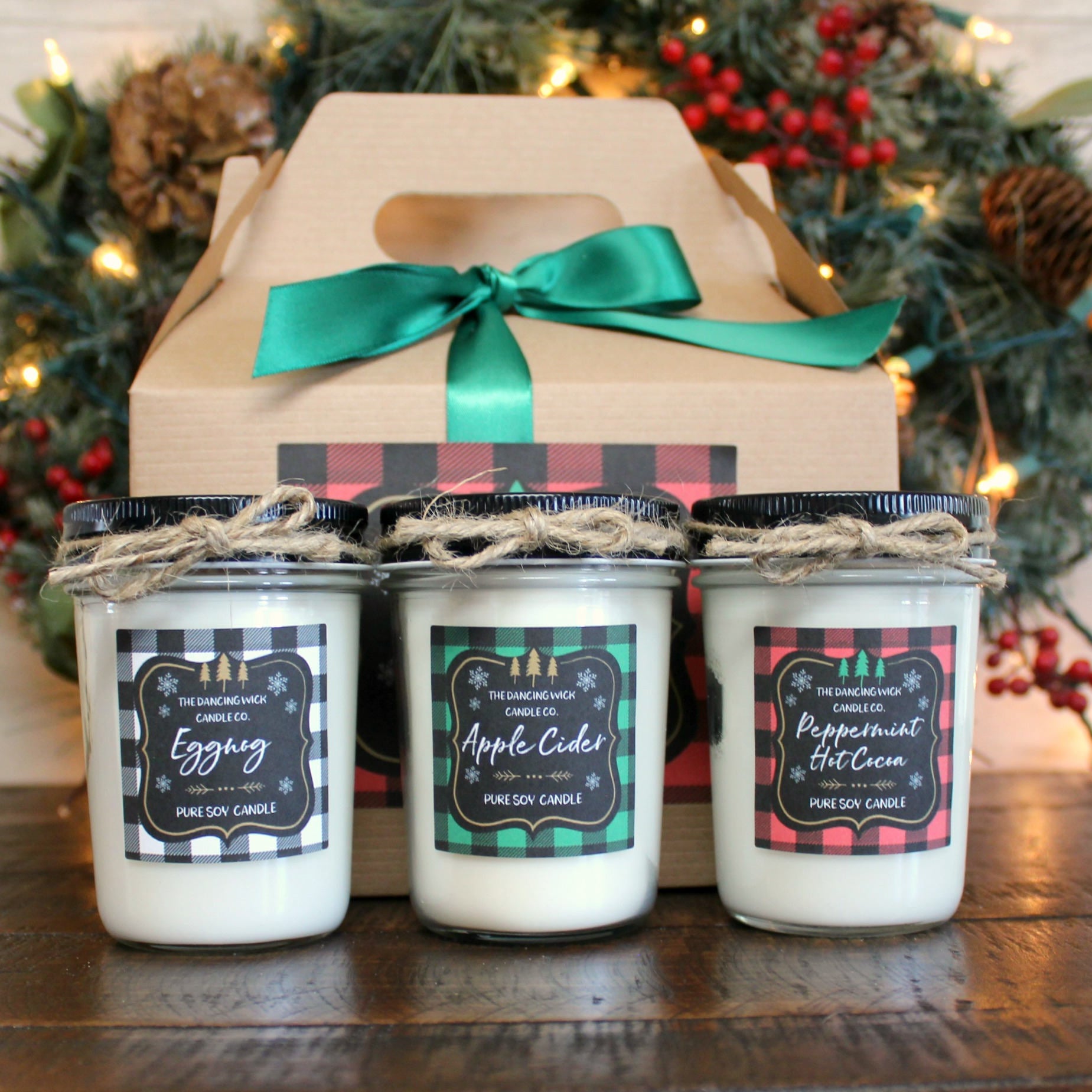 Buffalo Plaid Christmas Candle Gift Set / Holiday Candle Gift Set / Rustic Christmas Gift Set / Holiday Drink Candles
