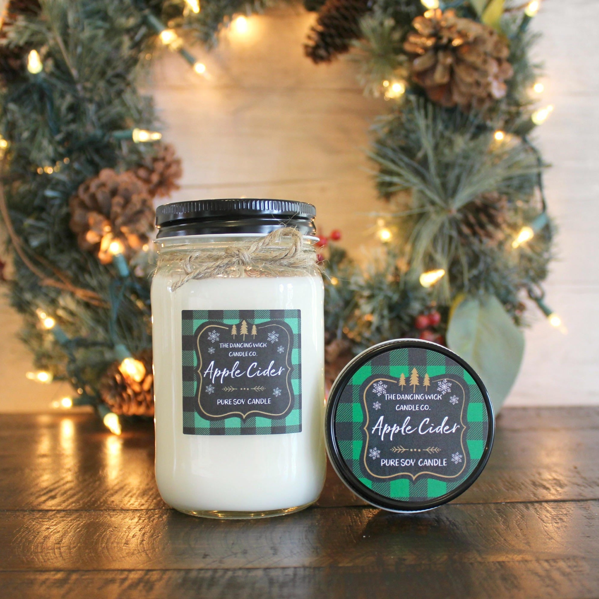 Apple Cider Soy Candle / Green Plaid Candle / Holiday Candle / Christmas Gift / Christmas Decor / Mason Jar Candle / Hand poured candle