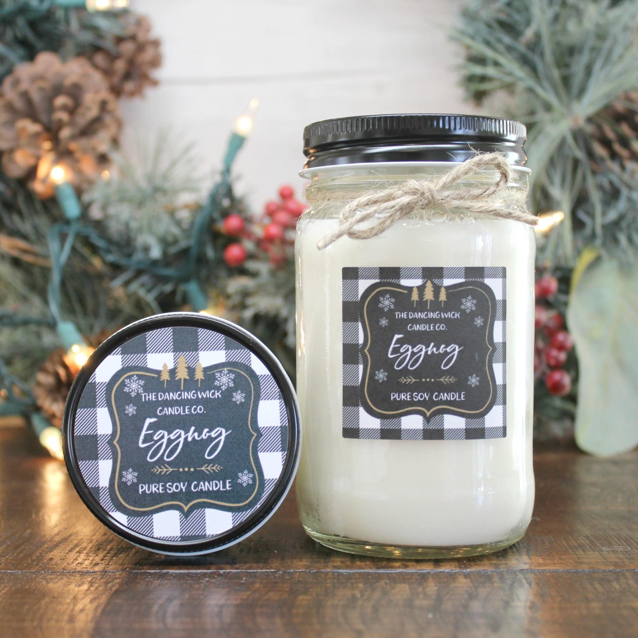 Egg Nog Pure Soy Christmas Candle//Holiday Candle//Christmas Gift//Christmas Decor//Mason Jar Candle//Buffalo Plaid Decor/Candle Gift