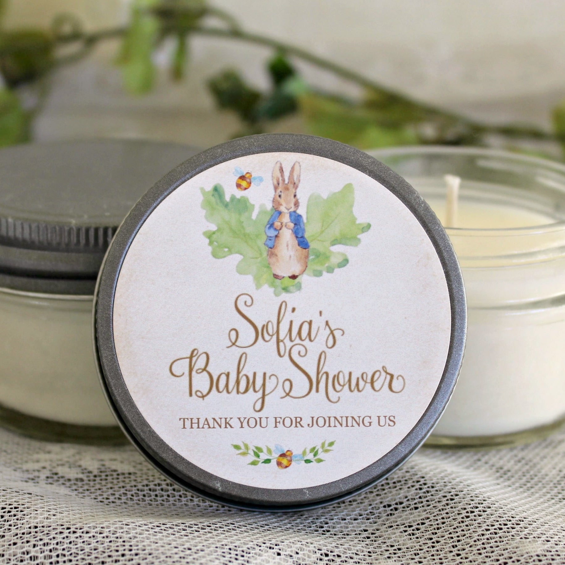 Peter Rabbit Favor / Baby Shower Favor / Personalized 4oz Soy Candle Favors / Gender Neutral Baby Shower / Girl Baby Shower /Boy Baby Shower