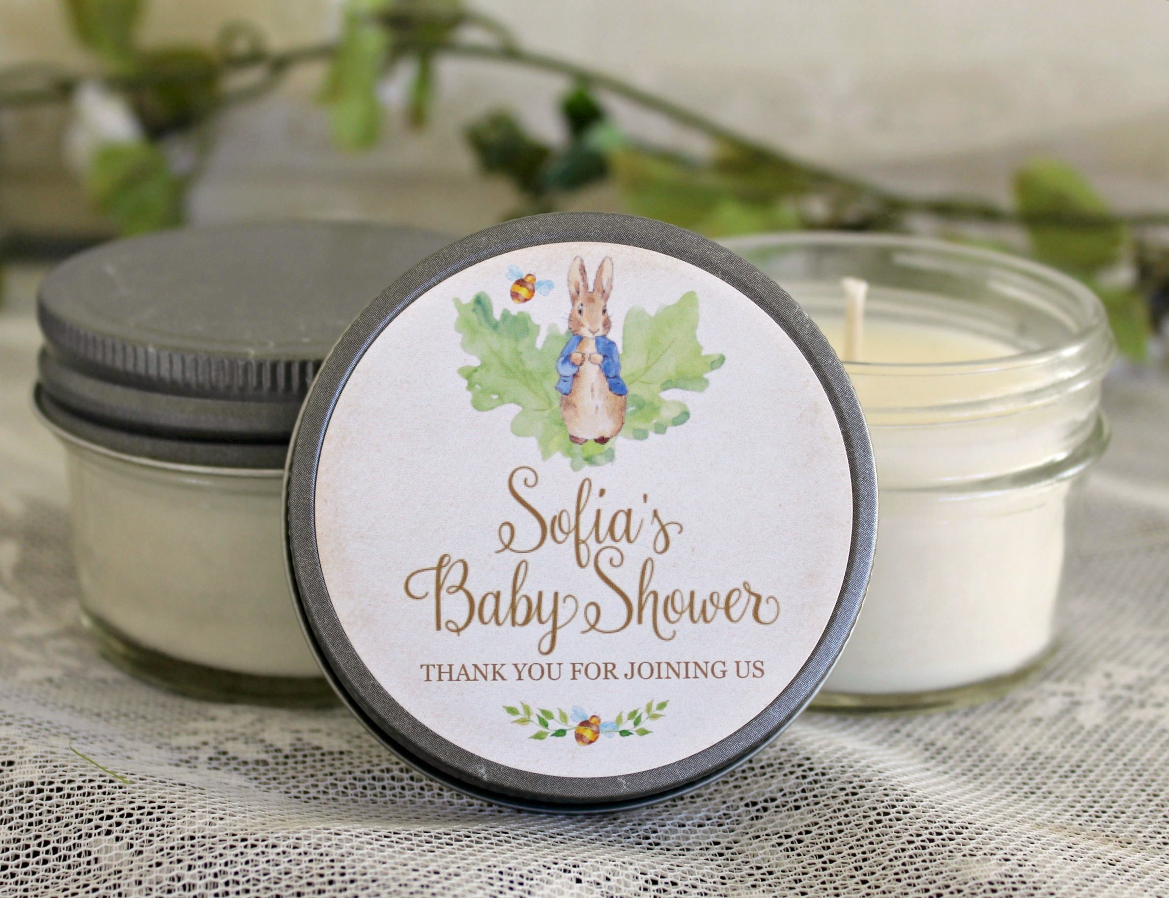 Peter Rabbit Favor / Baby Shower Favor / Personalized 4oz Soy Candle Favors / Gender Neutral Baby Shower / Girl Baby Shower /Boy Baby Shower