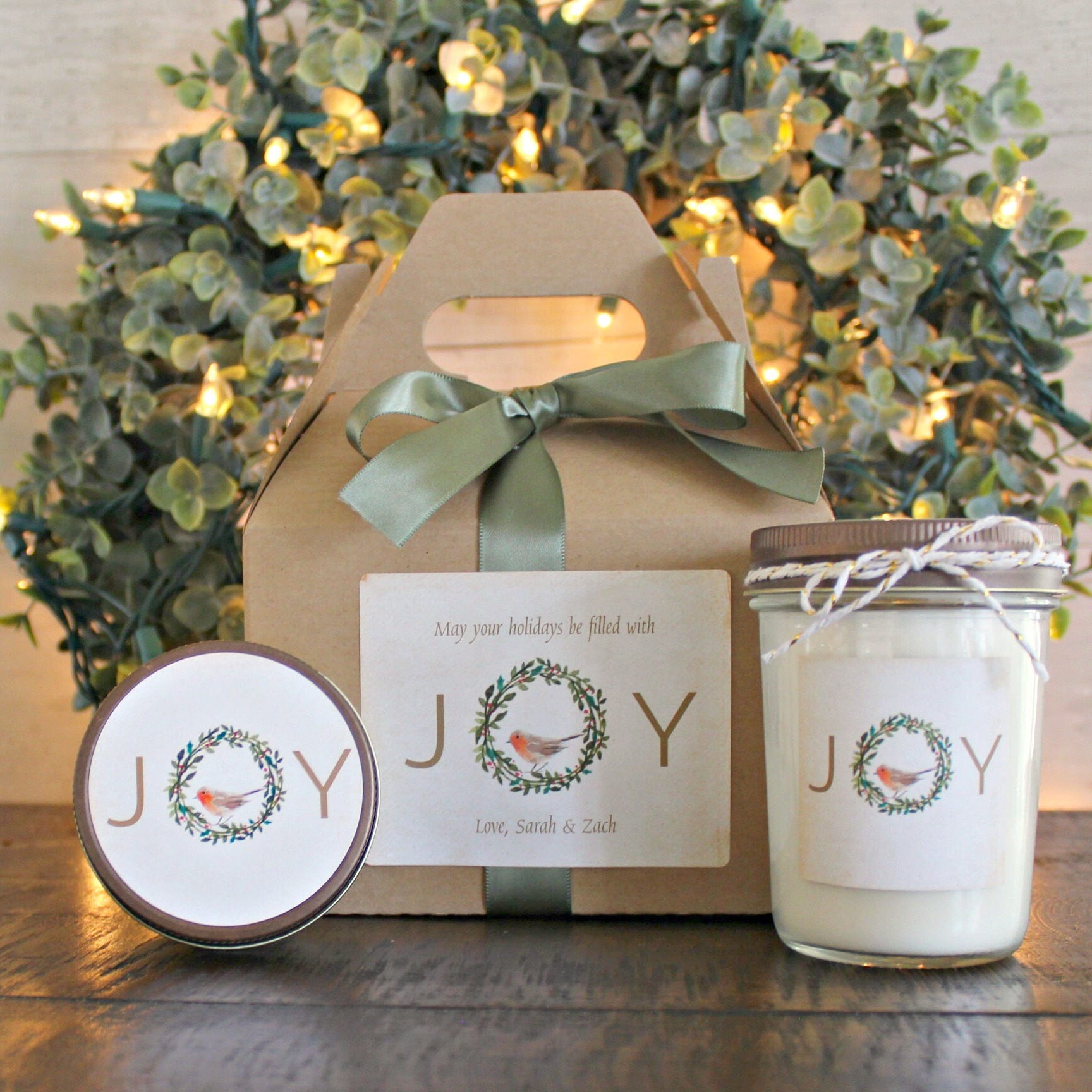 Holiday Spa Gift Set / Christmas Candle Gift Set / Joy Spa Gift Set / Christmas Wreath / Winter Bird Personalized Christmas Gift /