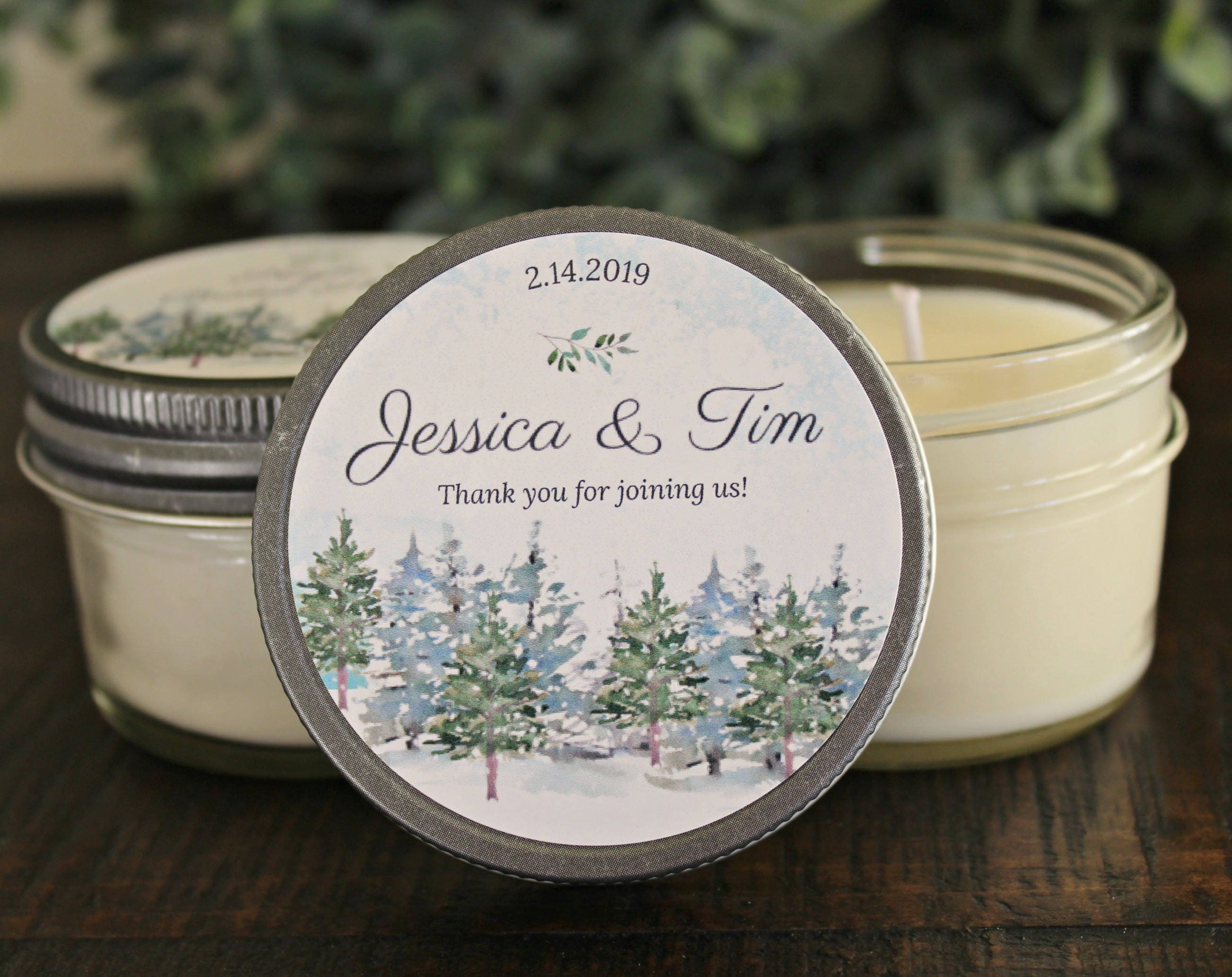 Winter Wedding Favor / Snowy Tree / Personalized 4 oz candle favors / Winter Wedding Candle / Forest Wedding / Outdoorsy Wedding