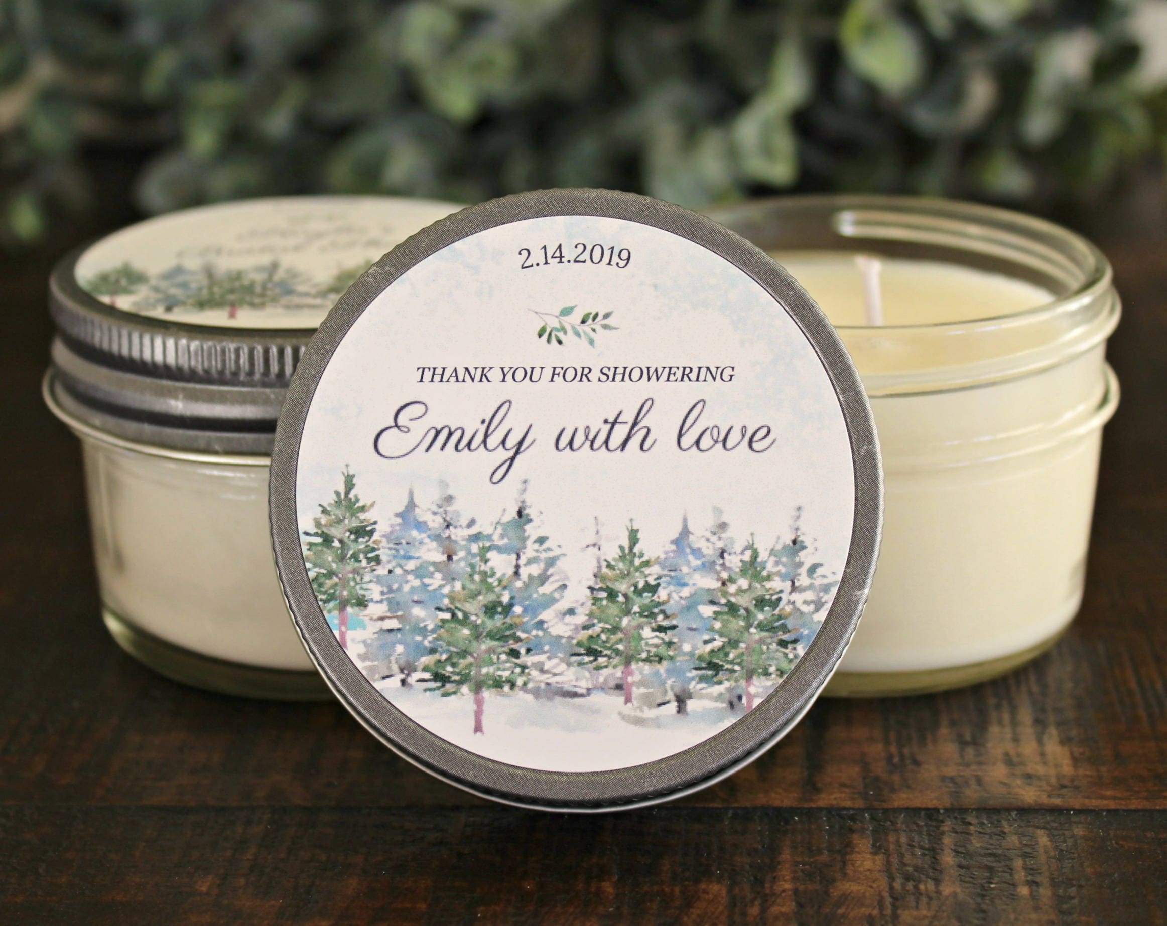 Winter Wedding Favor / Snowy Tree / Personalized 4 oz candle favors / Winter Wedding Candle / Forest Wedding / Outdoorsy Wedding
