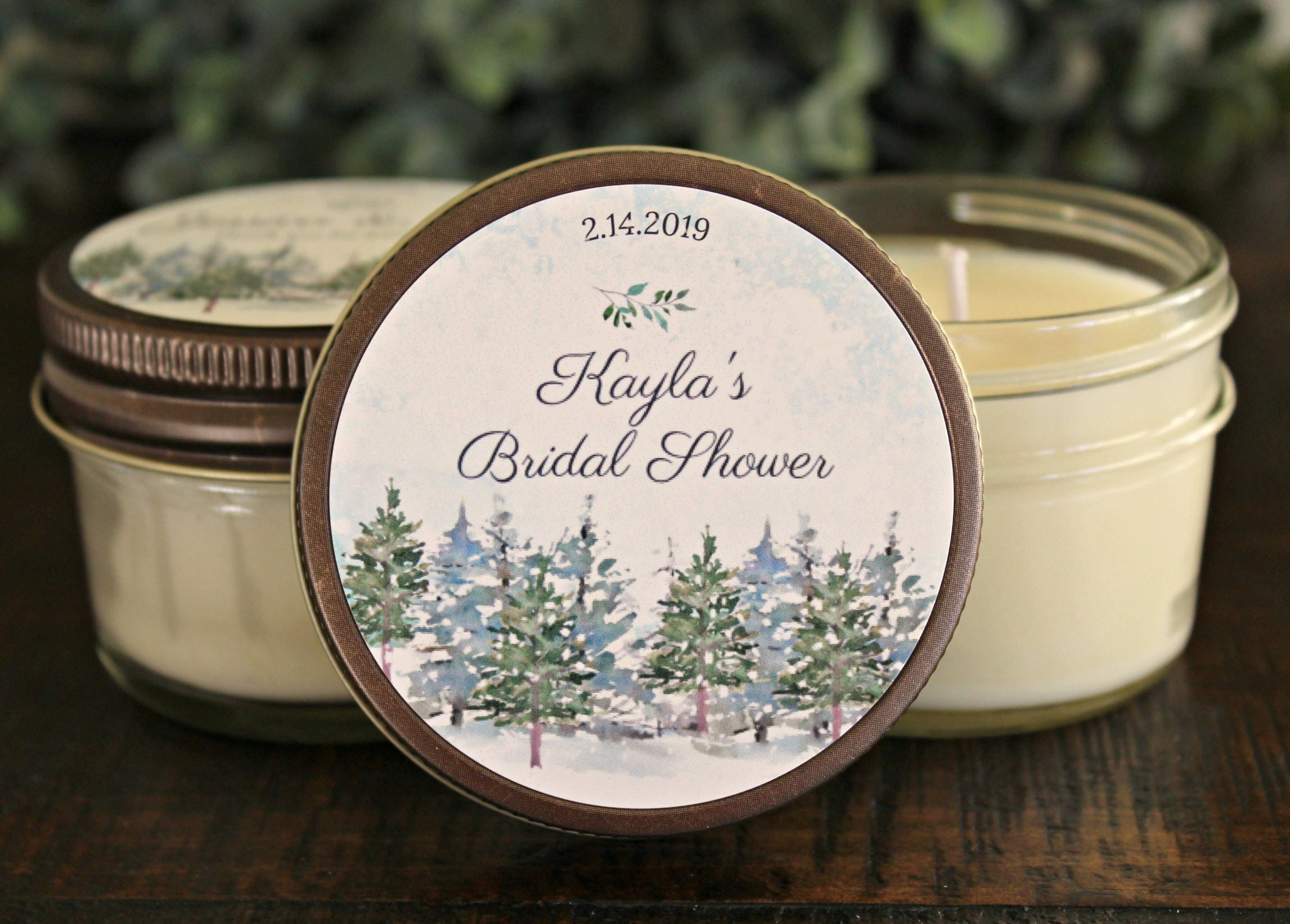 Winter Wedding Favor / Snowy Tree / Personalized 4 oz candle favors / Winter Wedding Candle / Forest Wedding / Outdoorsy Wedding