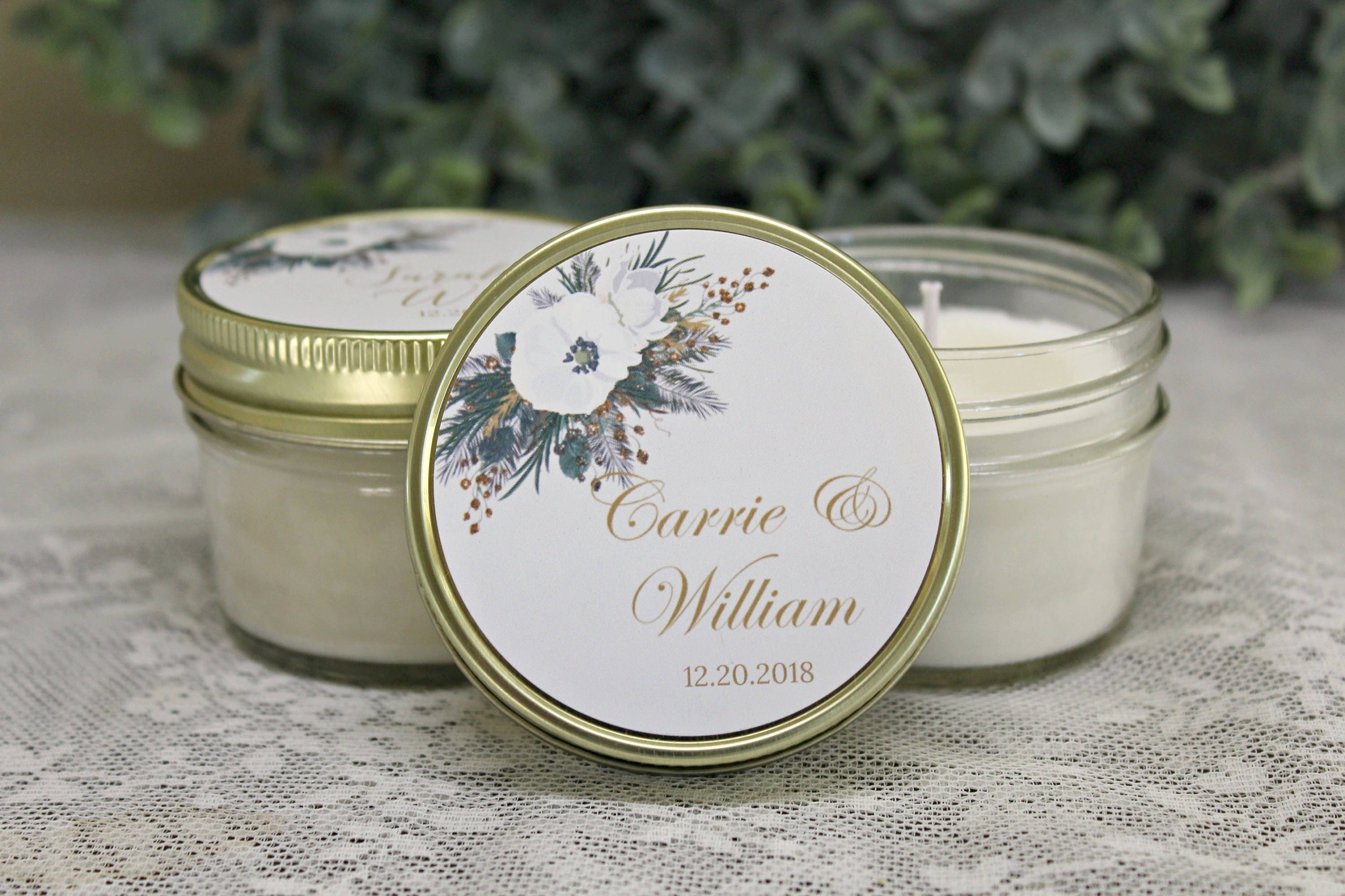 Winter Wedding Favor / Evergreen and white Floral Favor / White and Green Wedding/ Gold Wedding / Personalized 4 oz candle favors