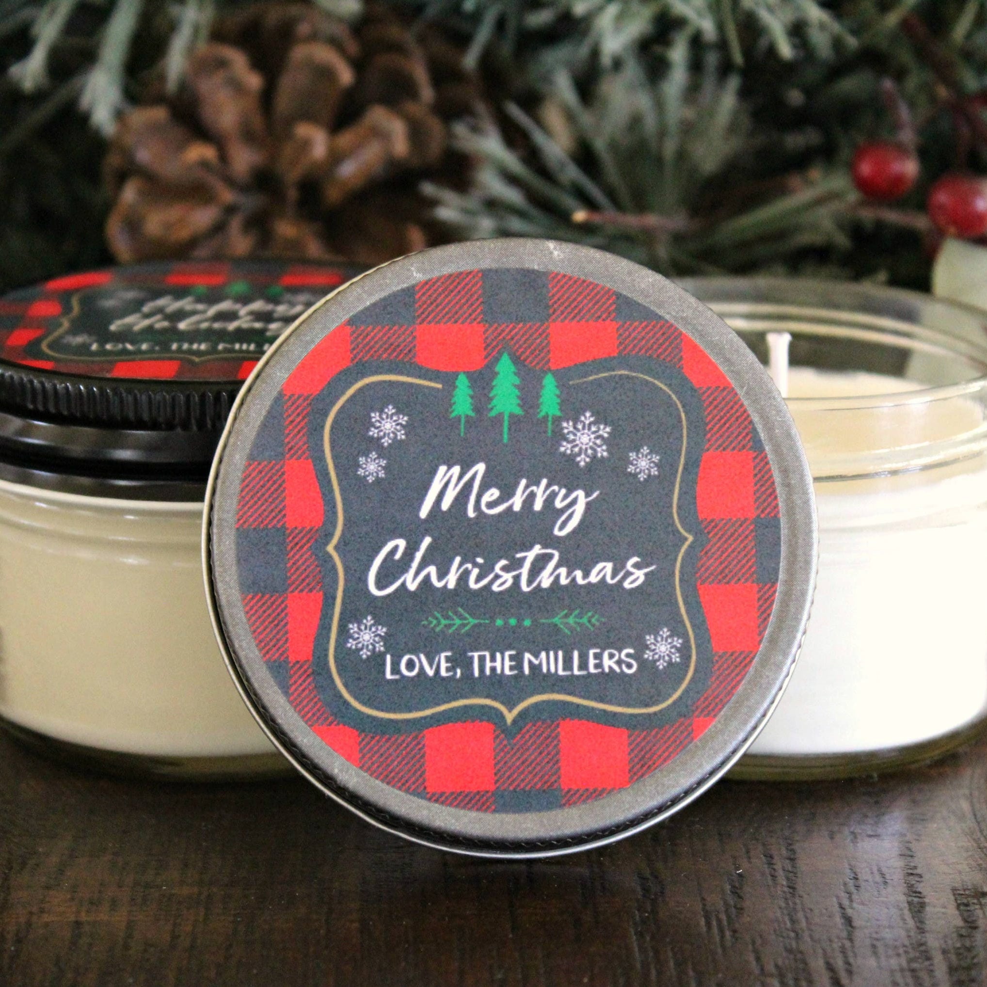Buffalo Plaid Christmas Gift / Christmas Favor / Personalized 4 oz. Holiday Favor Candle / Rustic Christmas Candle / Christmas Party Favor