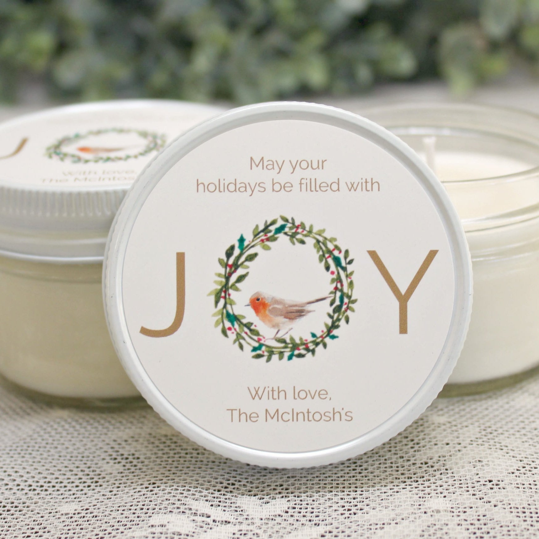 Personalized 4 oz. Holiday Favor Candles / Christmas Gift / Bulk Christmas Gift / Joy Christmas Gift / Christmas Party Favor