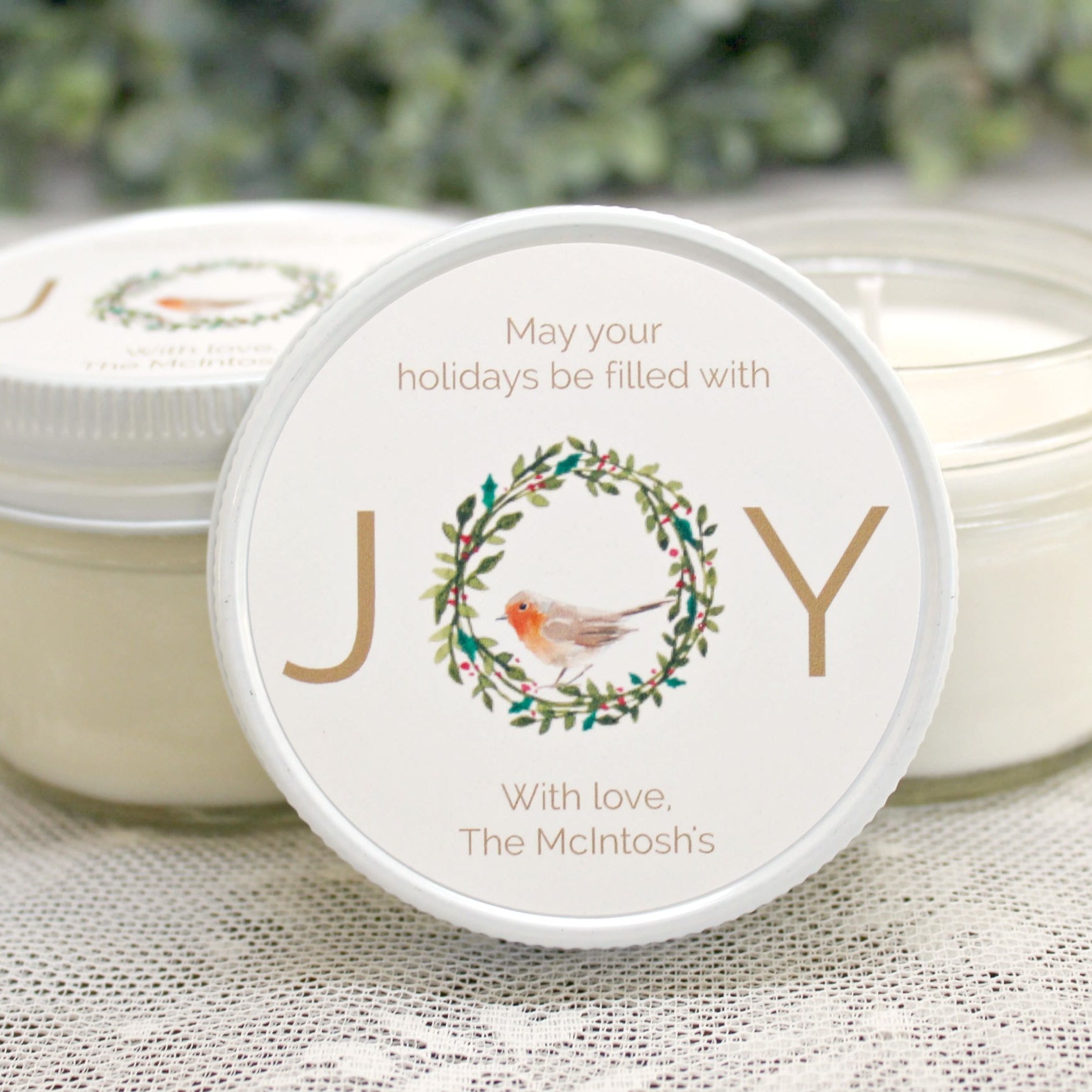 Personalized 4 oz. Holiday Favor Candles / Christmas Gift / Bulk Christmas Gift / Joy Christmas Gift / Christmas Party Favor