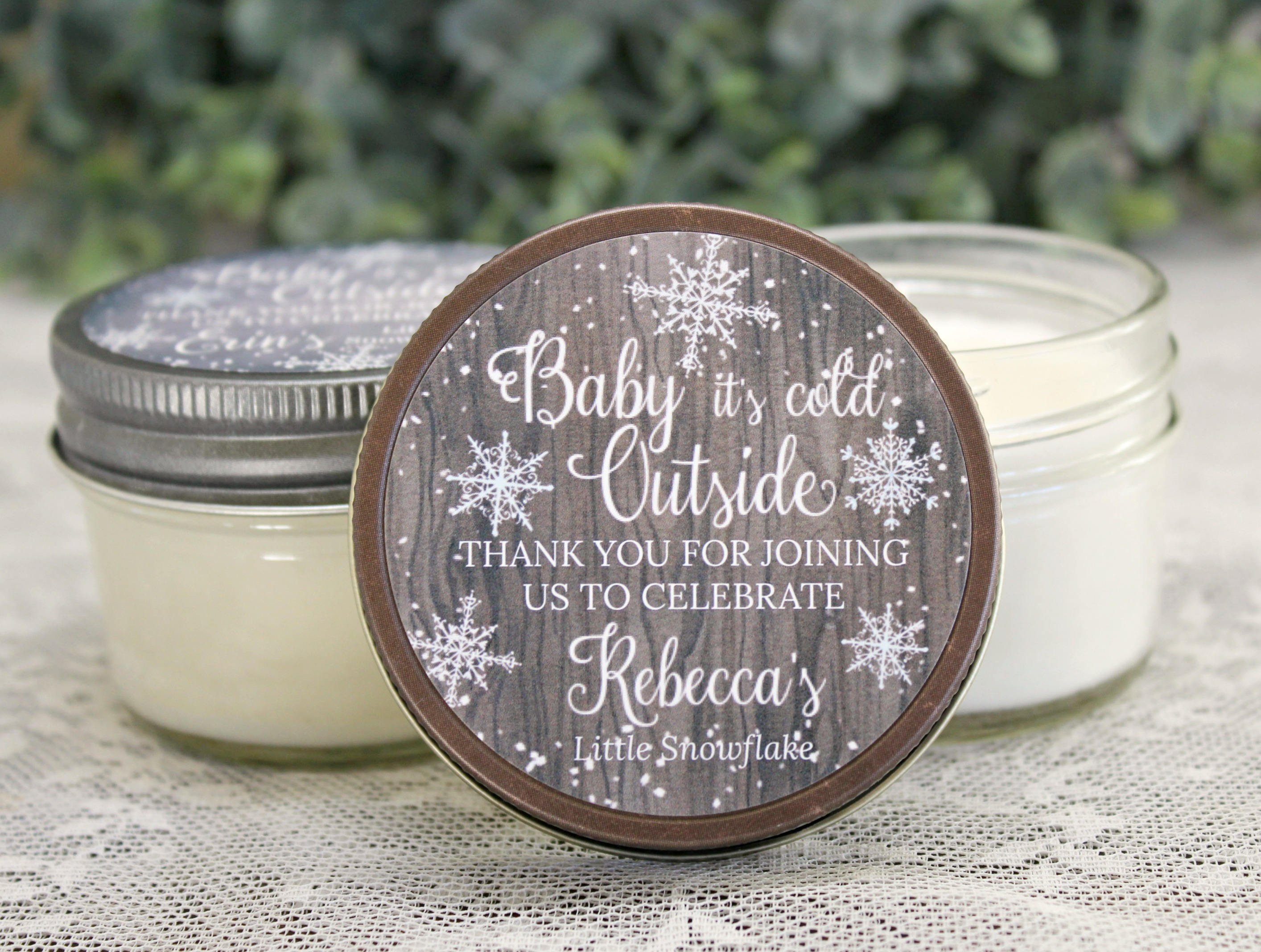 Baby it's cold outside / Snowflake Favor / Winter Baby Shower / 4 oz Personalized Soy Candle Favor / Girl Baby Shower / Boy Baby Shower