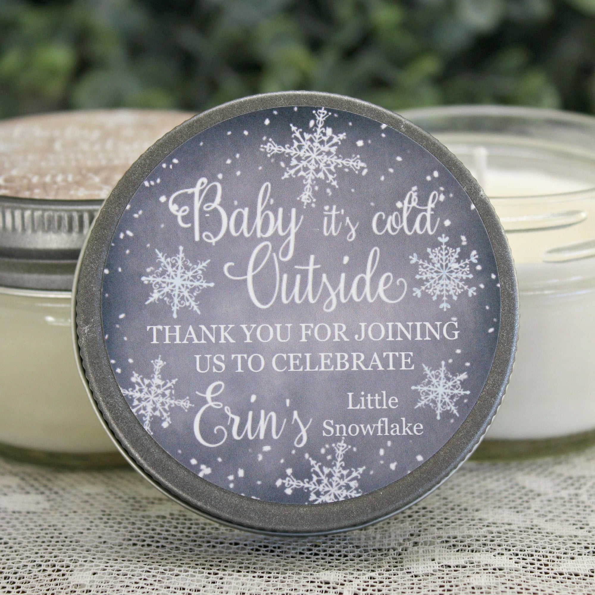 Baby it's cold outside / Snowflake Favor / Winter Baby Shower / 4 oz Personalized Soy Candle Favor / Girl Baby Shower / Boy Baby Shower