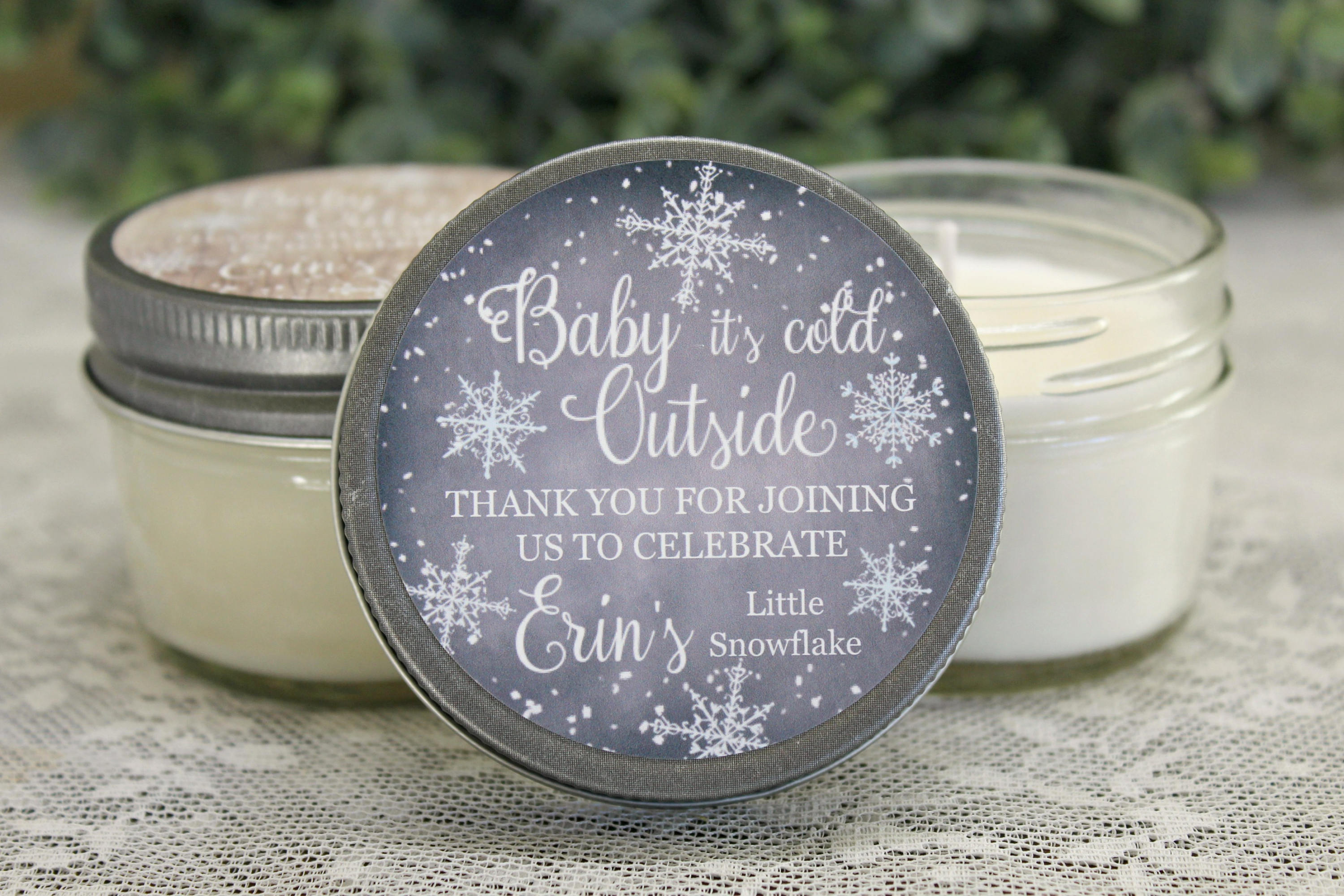 Baby it's cold outside / Snowflake Favor / Winter Baby Shower / 4 oz Personalized Soy Candle Favor / Girl Baby Shower / Boy Baby Shower