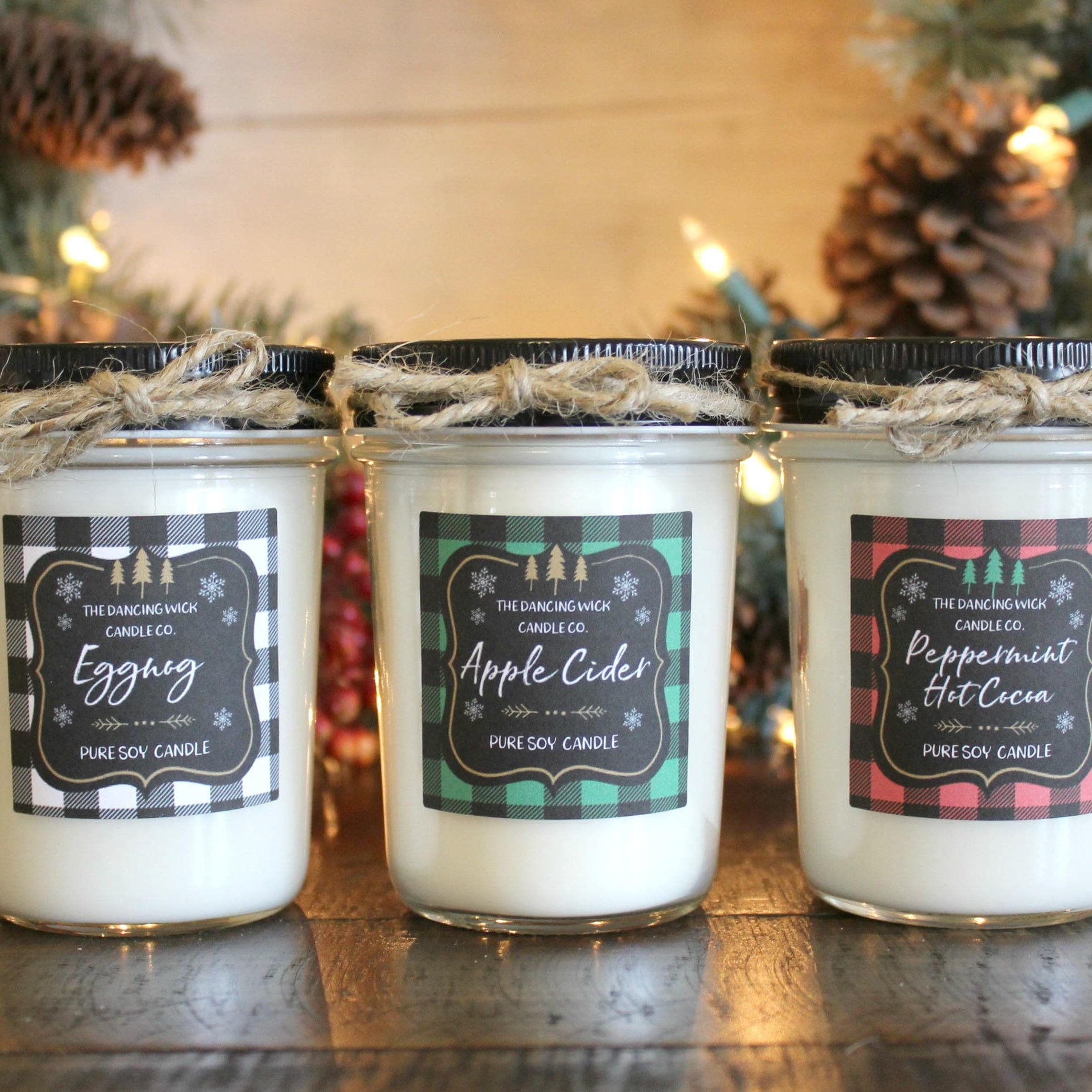 Buffalo Plaid Christmas Candle Gift Set / Holiday Candle Gift Set / Rustic Christmas Gift Set / Holiday Drink Candles