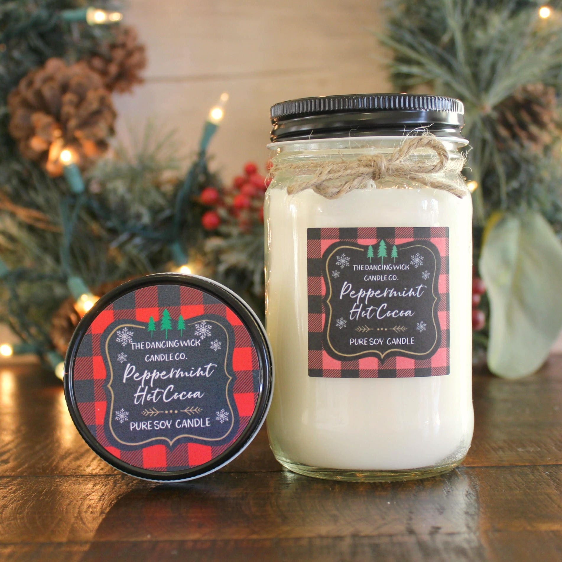 Peppermint Hot Cocoa Soy Candle / Red Plaid Candle / Holiday Candle / Christmas Gift / Christmas Decor / Mason Jar Candle / Hand poured