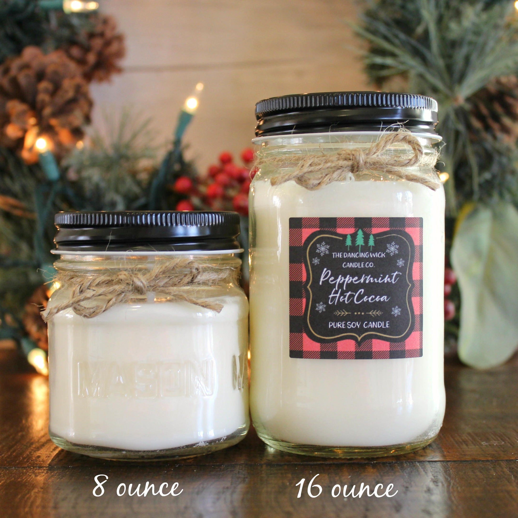 Peppermint Hot Cocoa Soy Candle / Red Plaid Candle / Holiday Candle / Christmas Gift / Christmas Decor / Mason Jar Candle / Hand poured