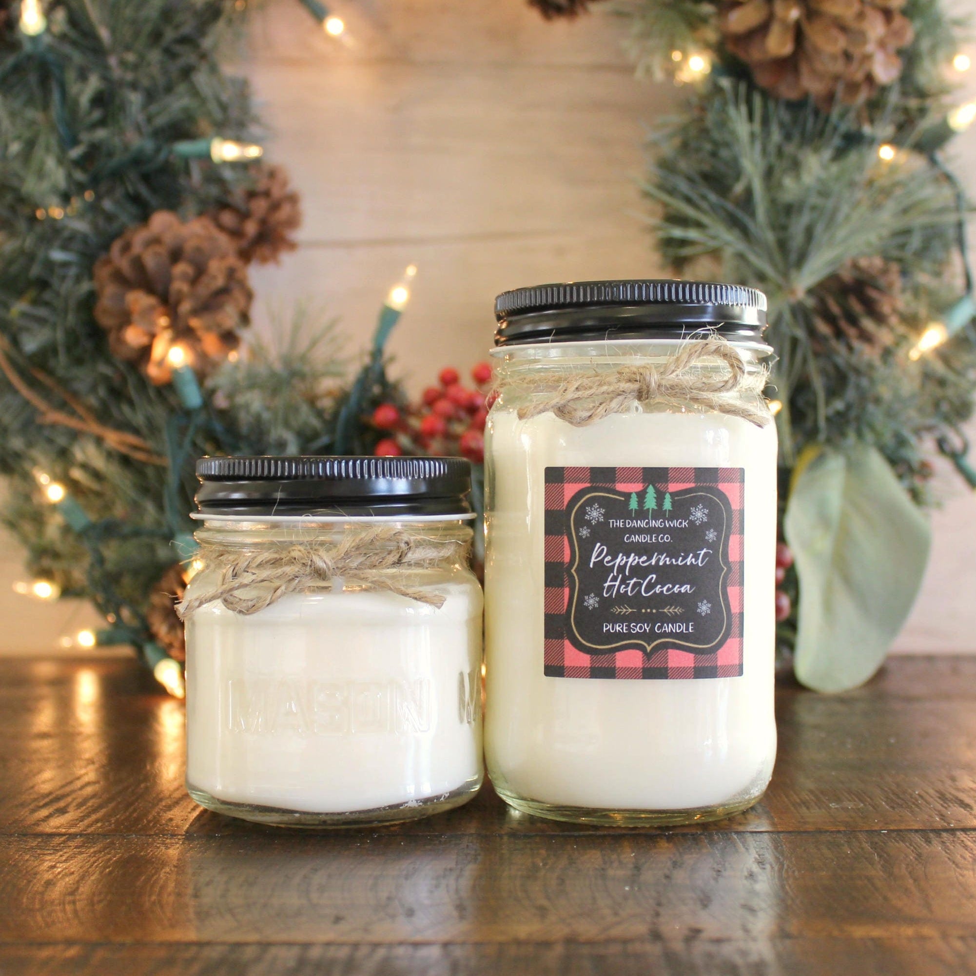 Peppermint Hot Cocoa Soy Candle / Red Plaid Candle / Holiday Candle / Christmas Gift / Christmas Decor / Mason Jar Candle / Hand poured
