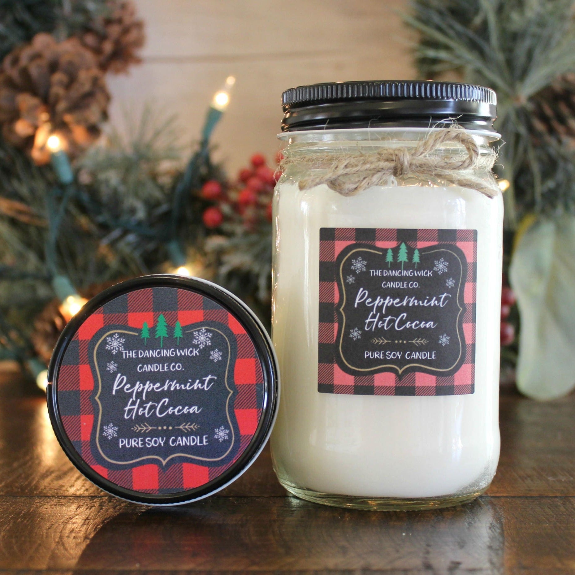 Peppermint Hot Cocoa Soy Candle / Red Plaid Candle / Holiday Candle / Christmas Gift / Christmas Decor / Mason Jar Candle / Hand poured