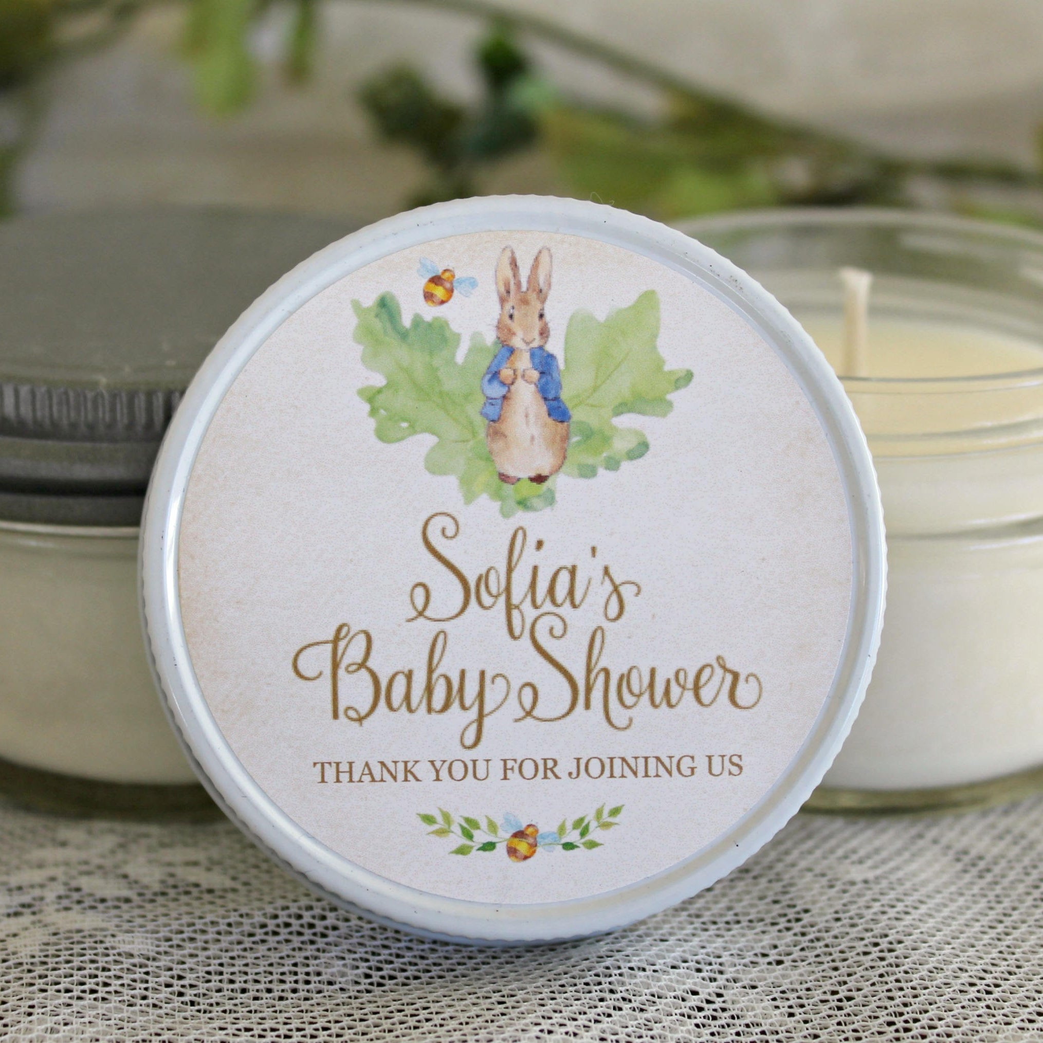 Peter Rabbit Favor / Baby Shower Favor / Personalized 4oz Soy Candle Favors / Gender Neutral Baby Shower / Girl Baby Shower /Boy Baby Shower