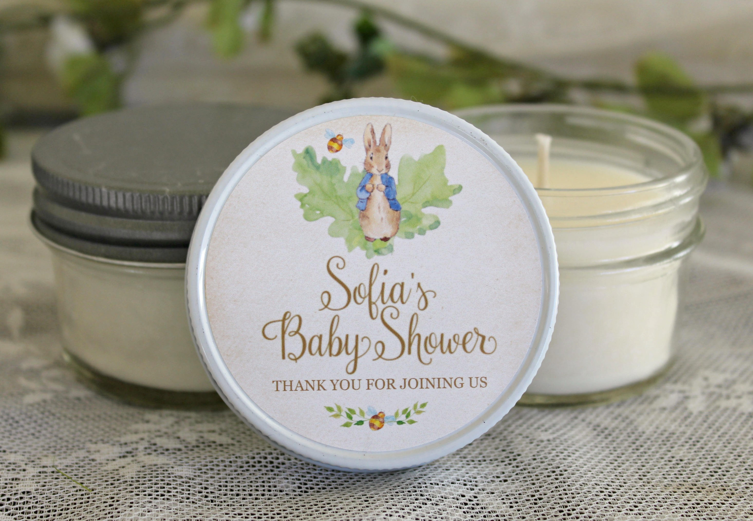 Peter Rabbit Favor / Baby Shower Favor / Personalized 4oz Soy Candle Favors / Gender Neutral Baby Shower / Girl Baby Shower /Boy Baby Shower