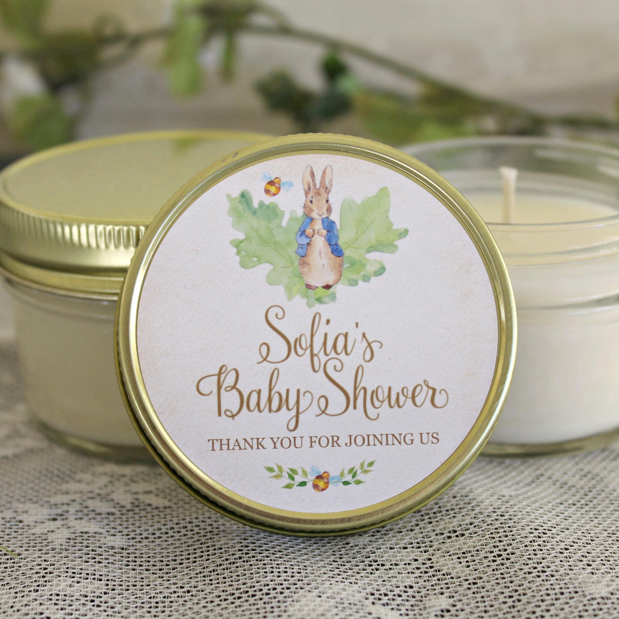 Peter Rabbit Favor / Baby Shower Favor / Personalized 4oz Soy Candle Favors / Gender Neutral Baby Shower / Girl Baby Shower /Boy Baby Shower
