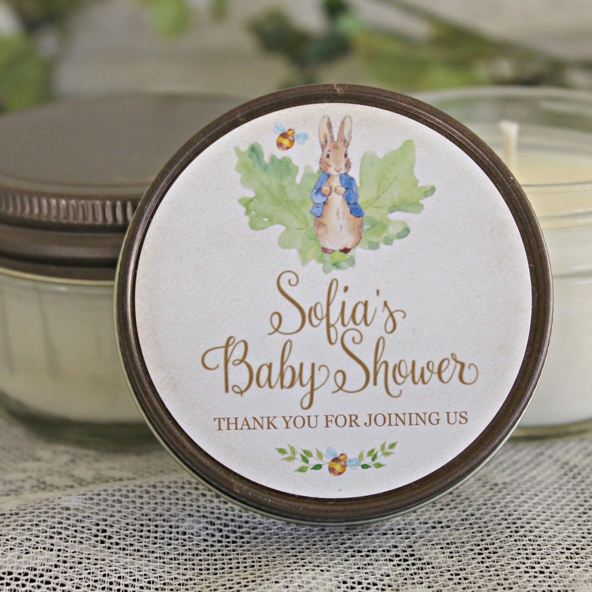 Peter Rabbit Favor / Baby Shower Favor / Personalized 4oz Soy Candle Favors / Gender Neutral Baby Shower / Girl Baby Shower /Boy Baby Shower