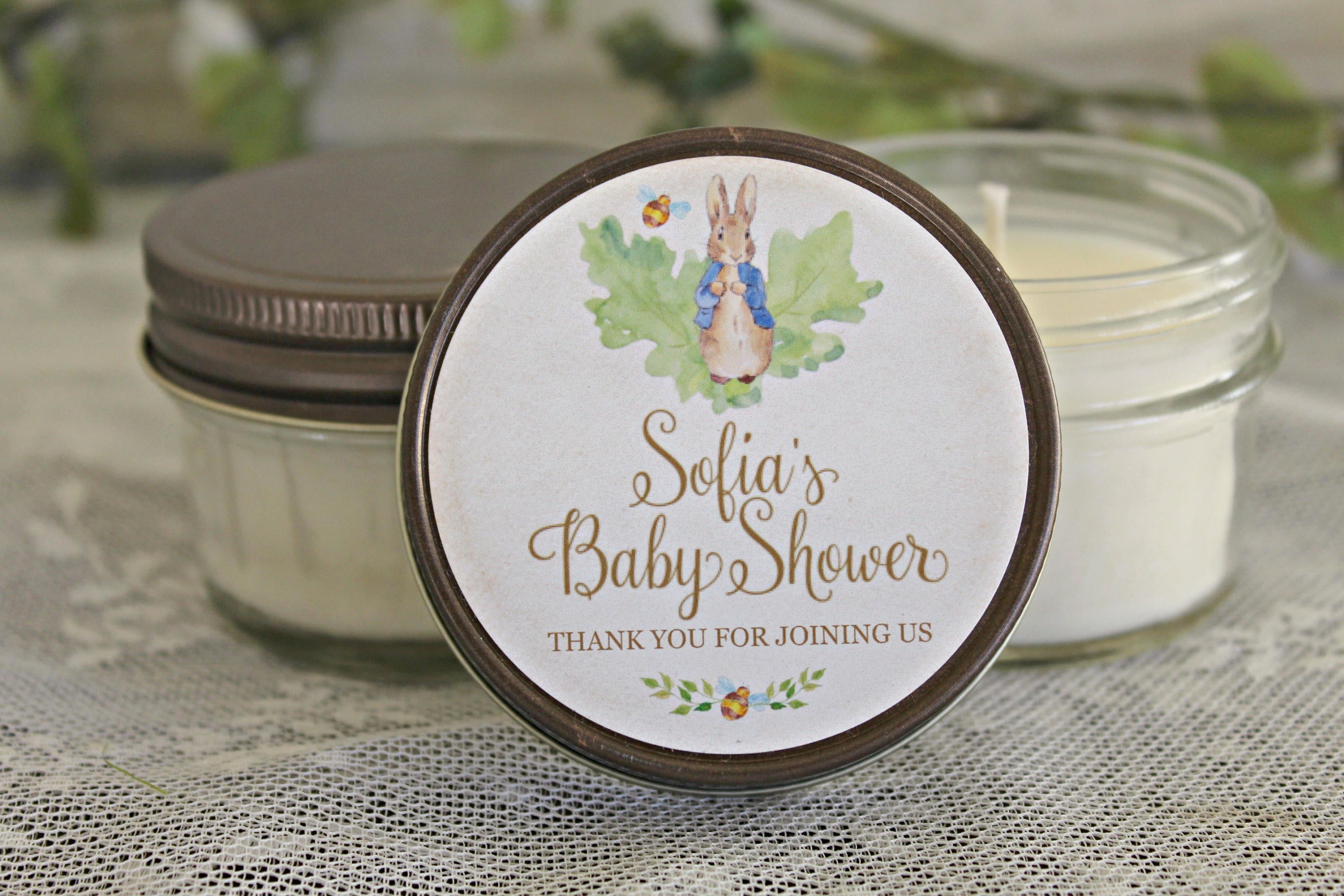 Peter Rabbit Favor / Baby Shower Favor / Personalized 4oz Soy Candle Favors / Gender Neutral Baby Shower / Girl Baby Shower /Boy Baby Shower