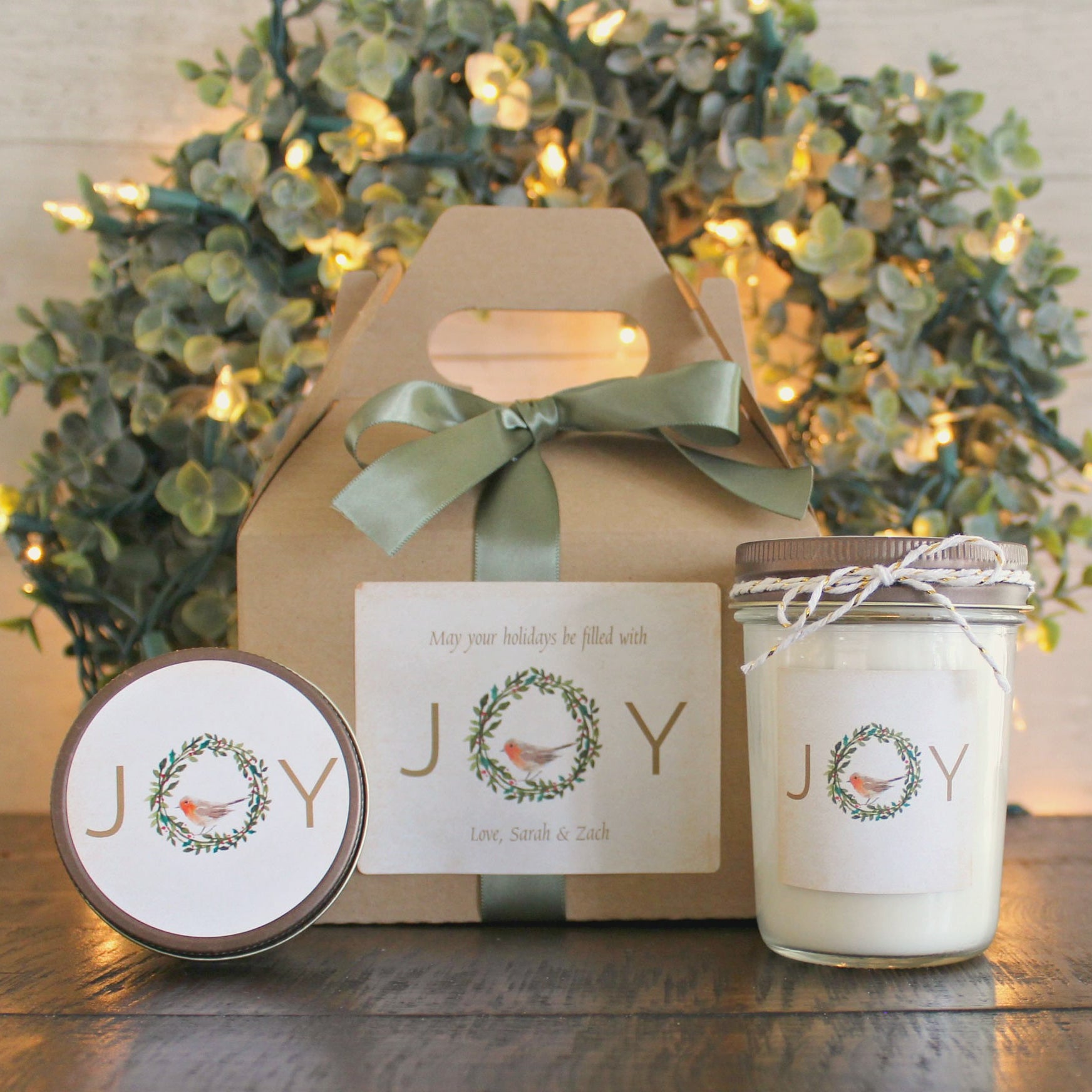 Holiday Spa Gift Set / Christmas Candle Gift Set / Joy Spa Gift Set / Christmas Wreath / Winter Bird Personalized Christmas Gift /