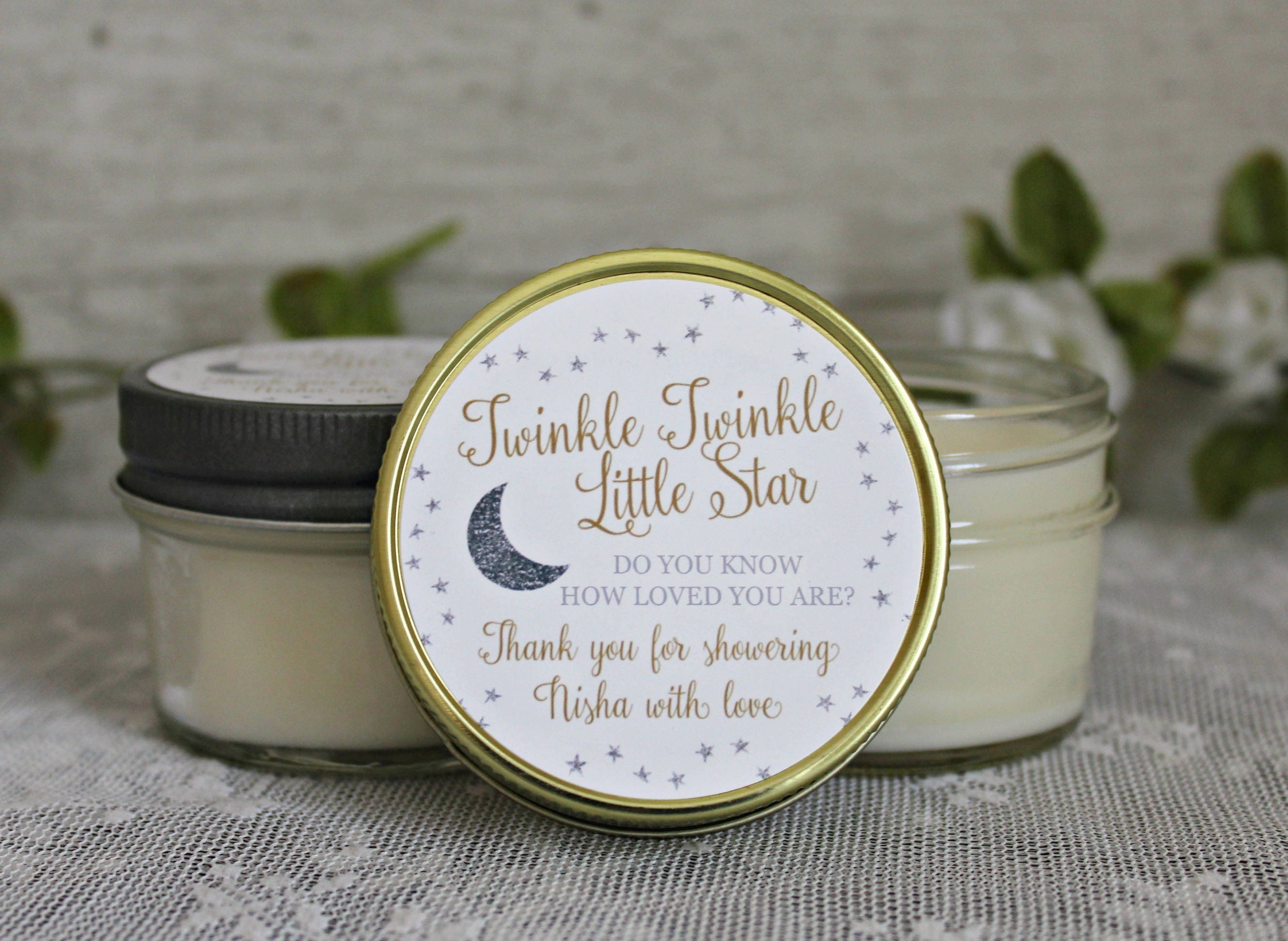 Twinkle Twinkle Little Star Baby Shower Favor / 4 oz Soy Candle Favor / Do you know how loved you are? / Gold & Silver Favor